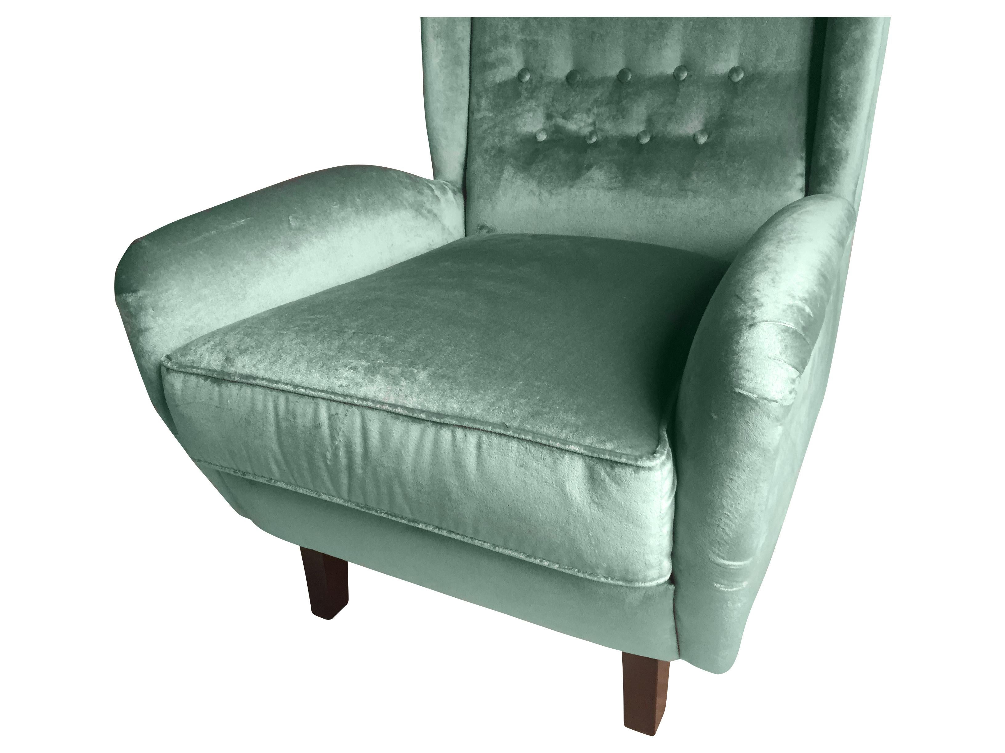 Contemporary Italian Gio Ponti Style Teal Aqua Green Velvet High Back Armchair In New Condition In New York, NY