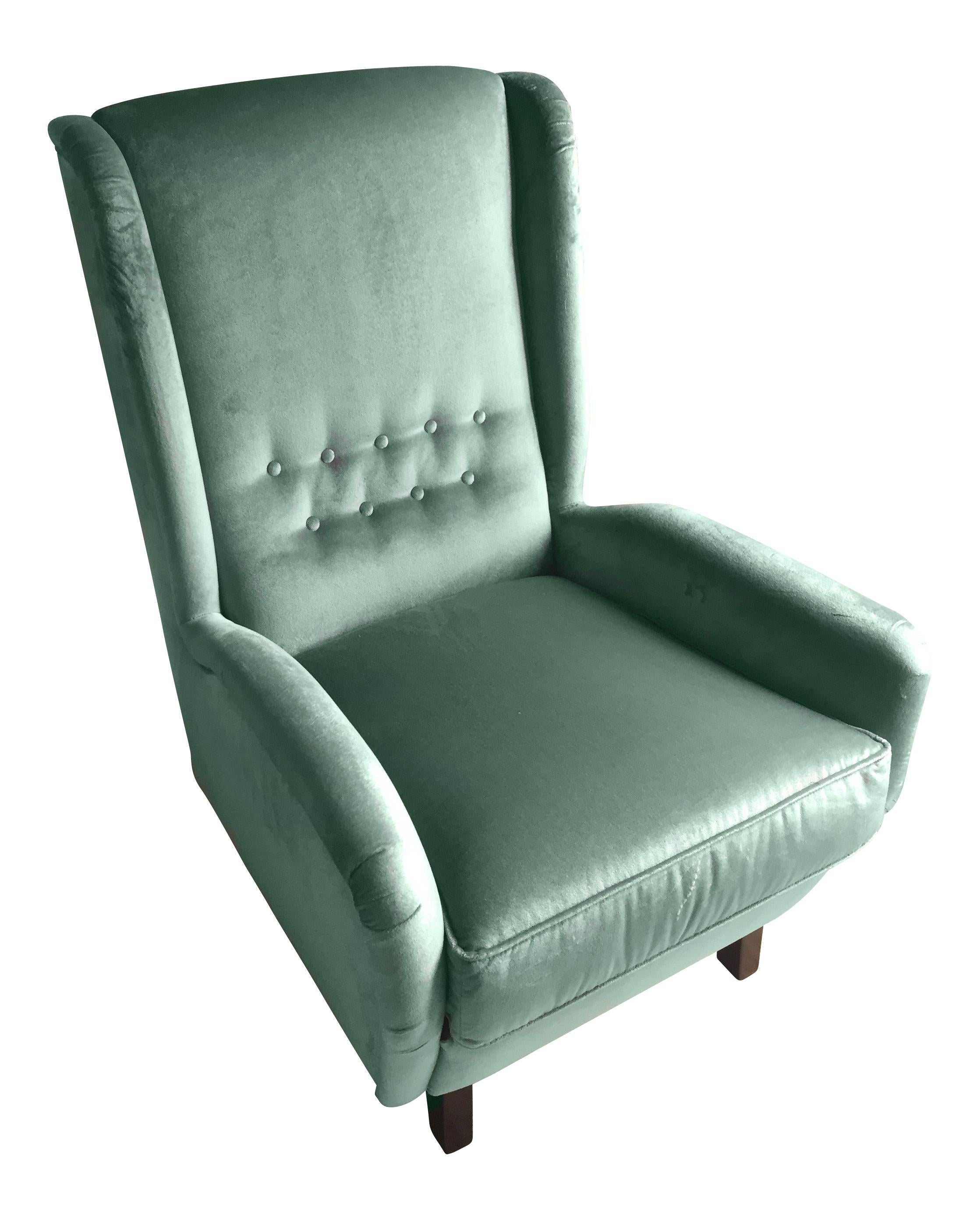 Contemporary Italian Gio Ponti Style Teal Aqua Green Velvet High Back Armchair 1