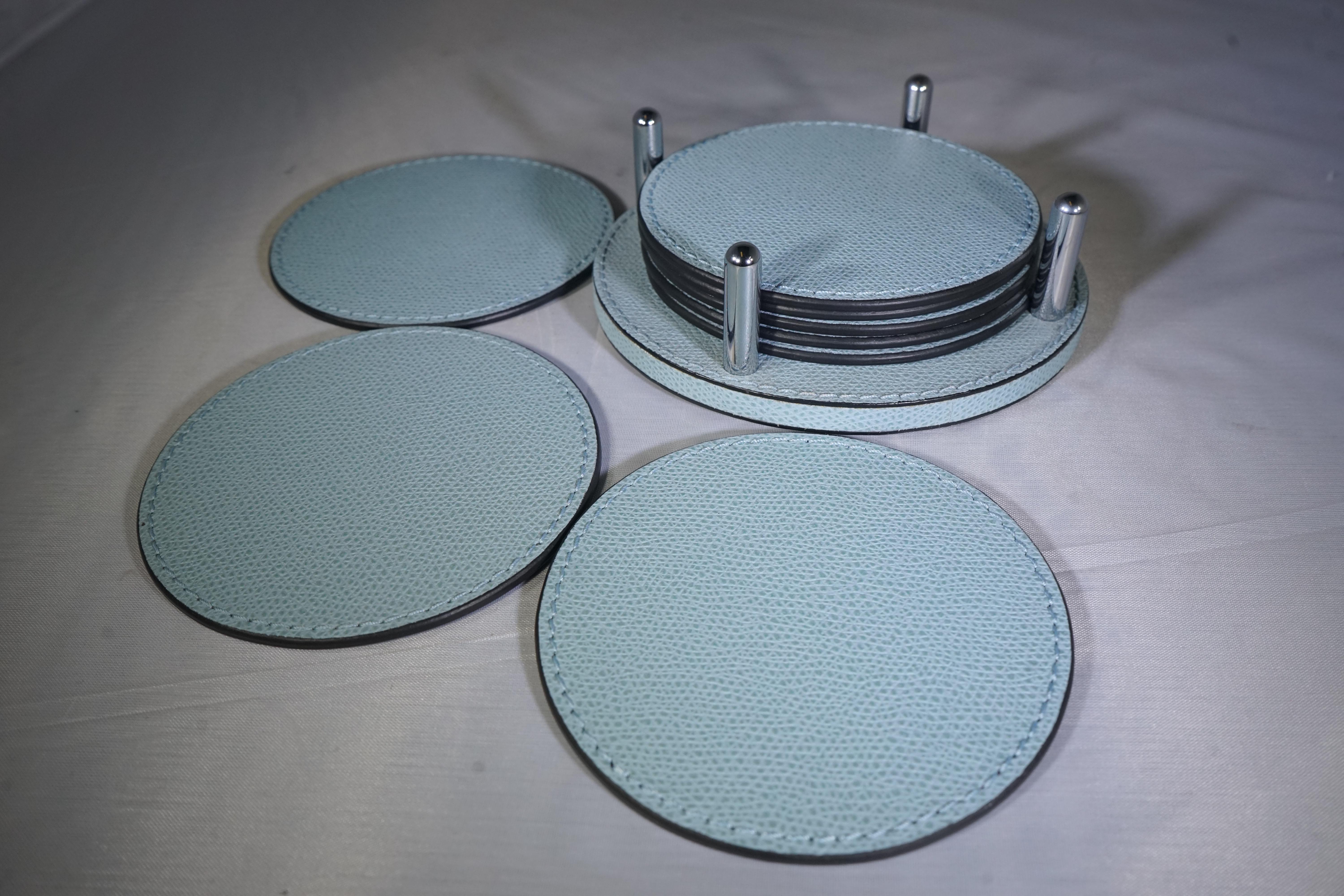 Contemporary Italian Leather Sky Blue Coaster Set In New Condition In Aspen, CO