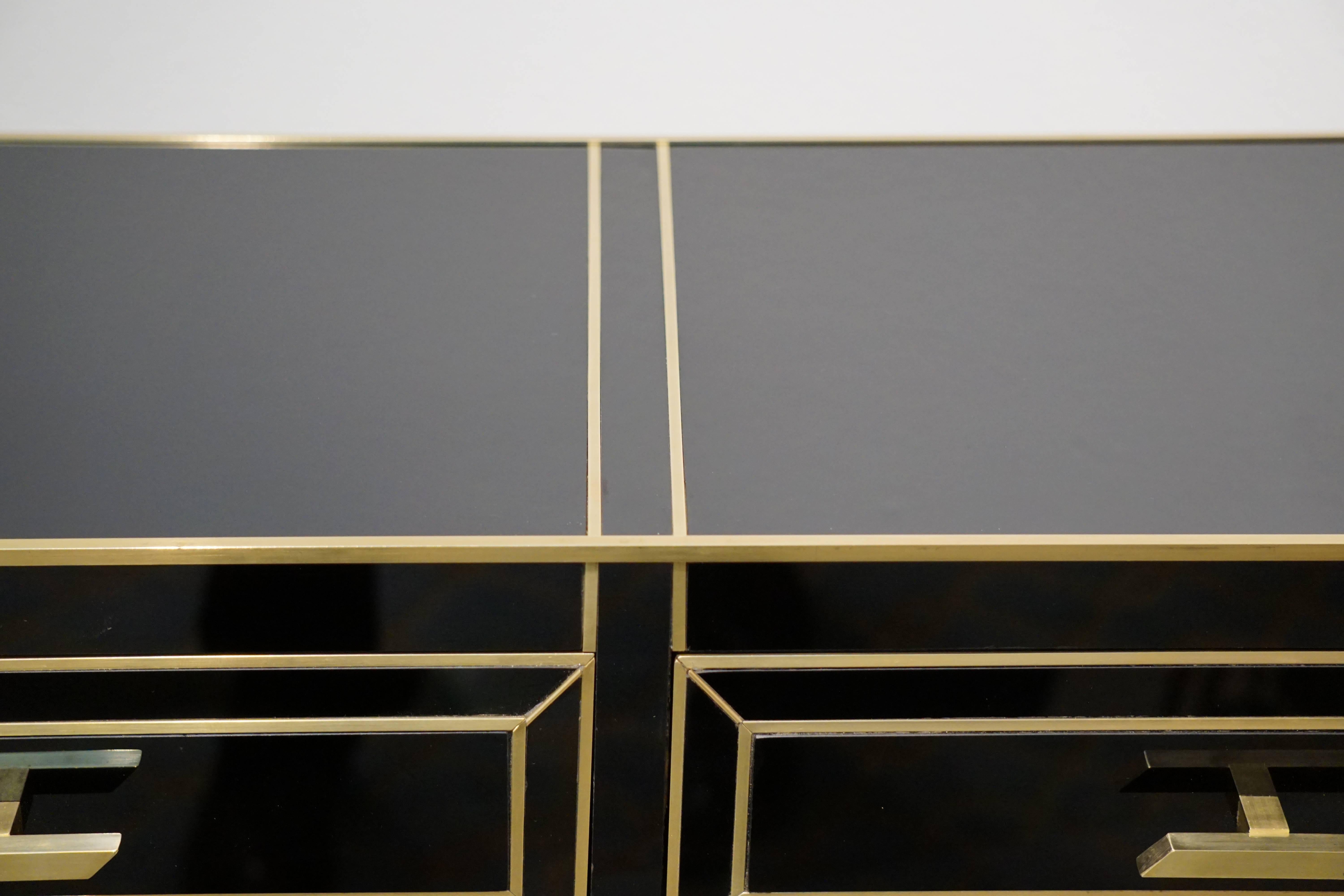 Streamlined Moderne Contemporary Italian Gold Brass and Black Glass Modern Console on Geometric Legs