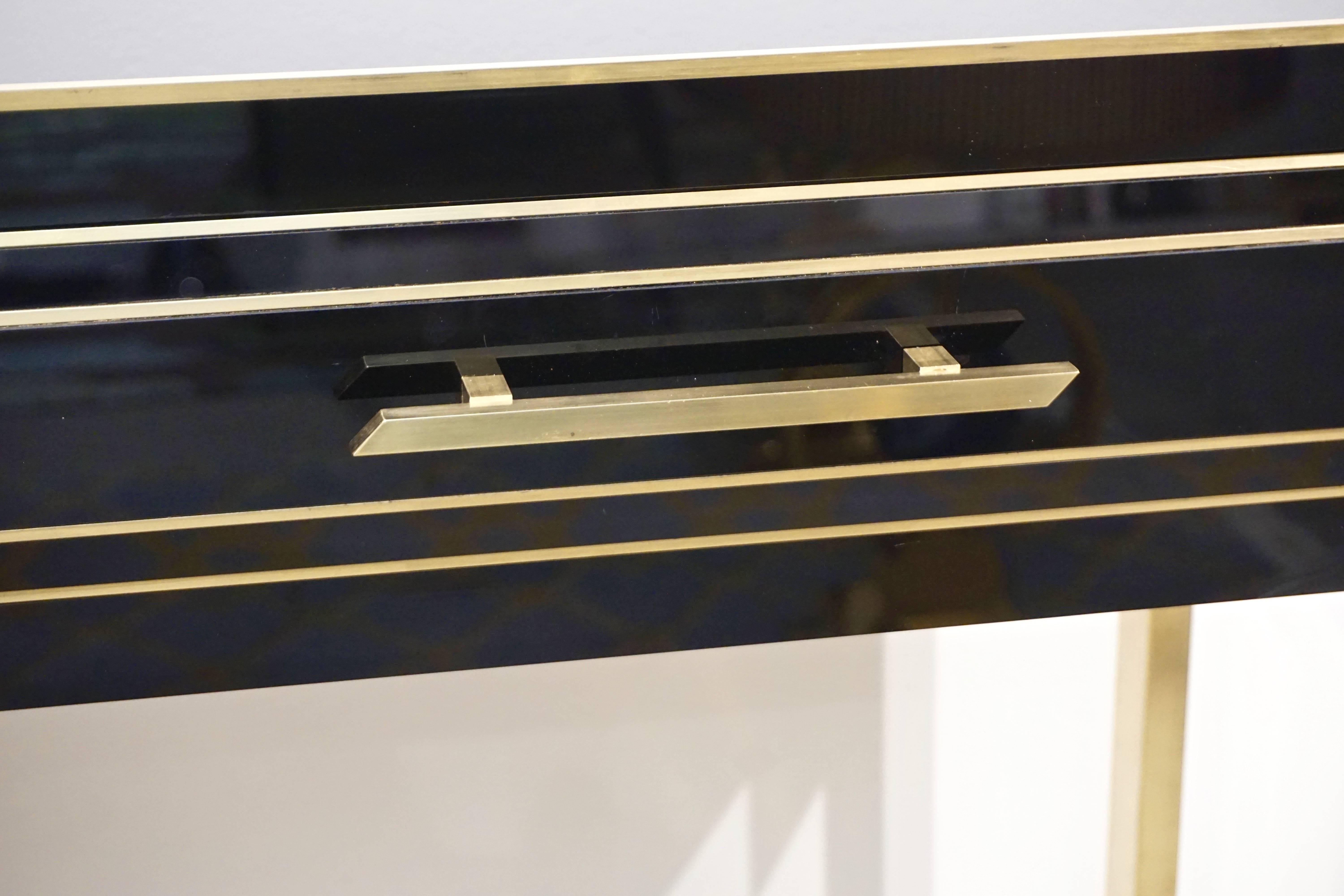 Hand-Crafted Contemporary Italian Gold Brass and Black Glass Modern Console on Geometric Legs