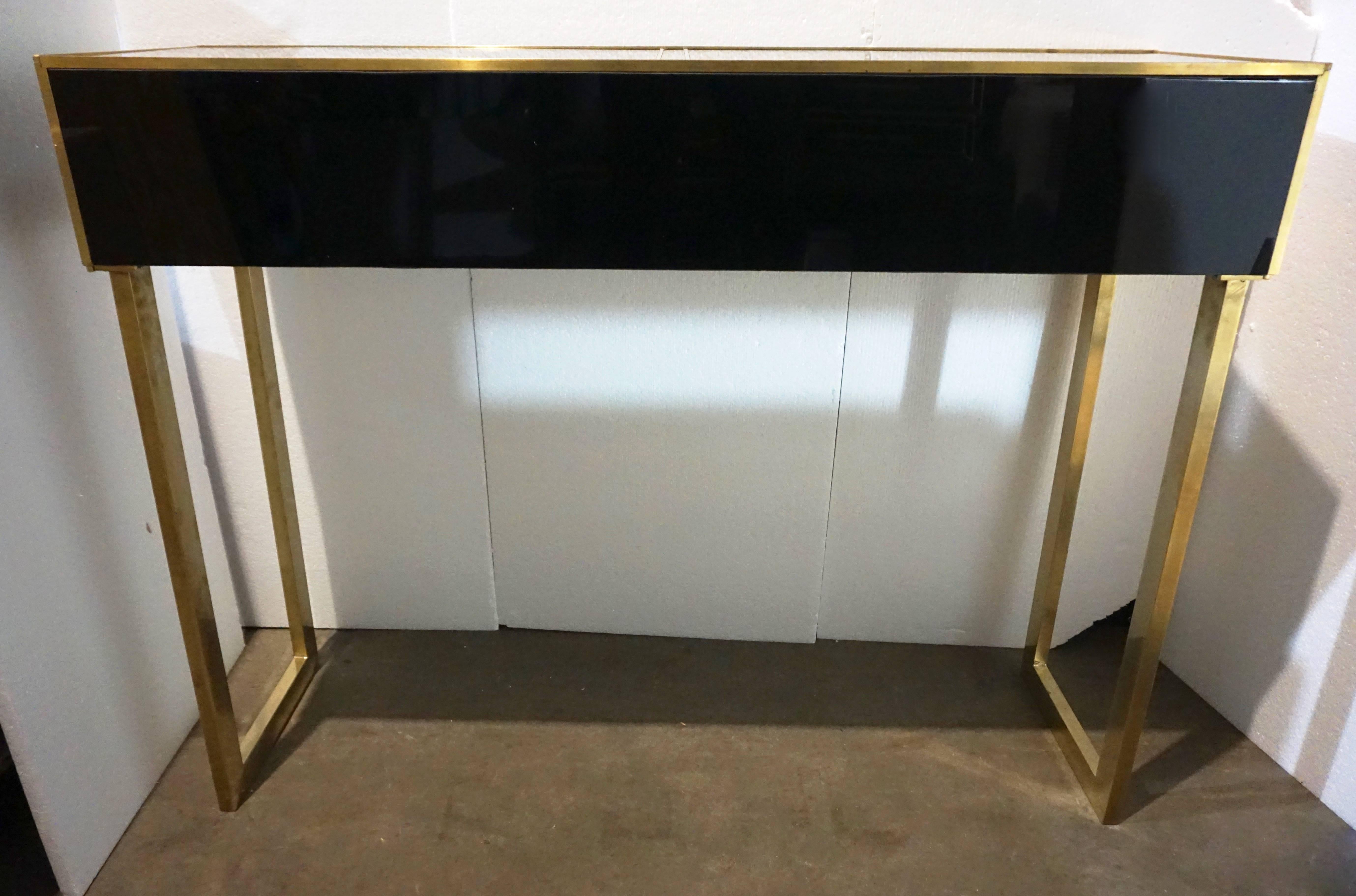 Contemporary Italian Gold Brass and Black Glass Modern Console on Geometric Legs In Excellent Condition In New York, NY