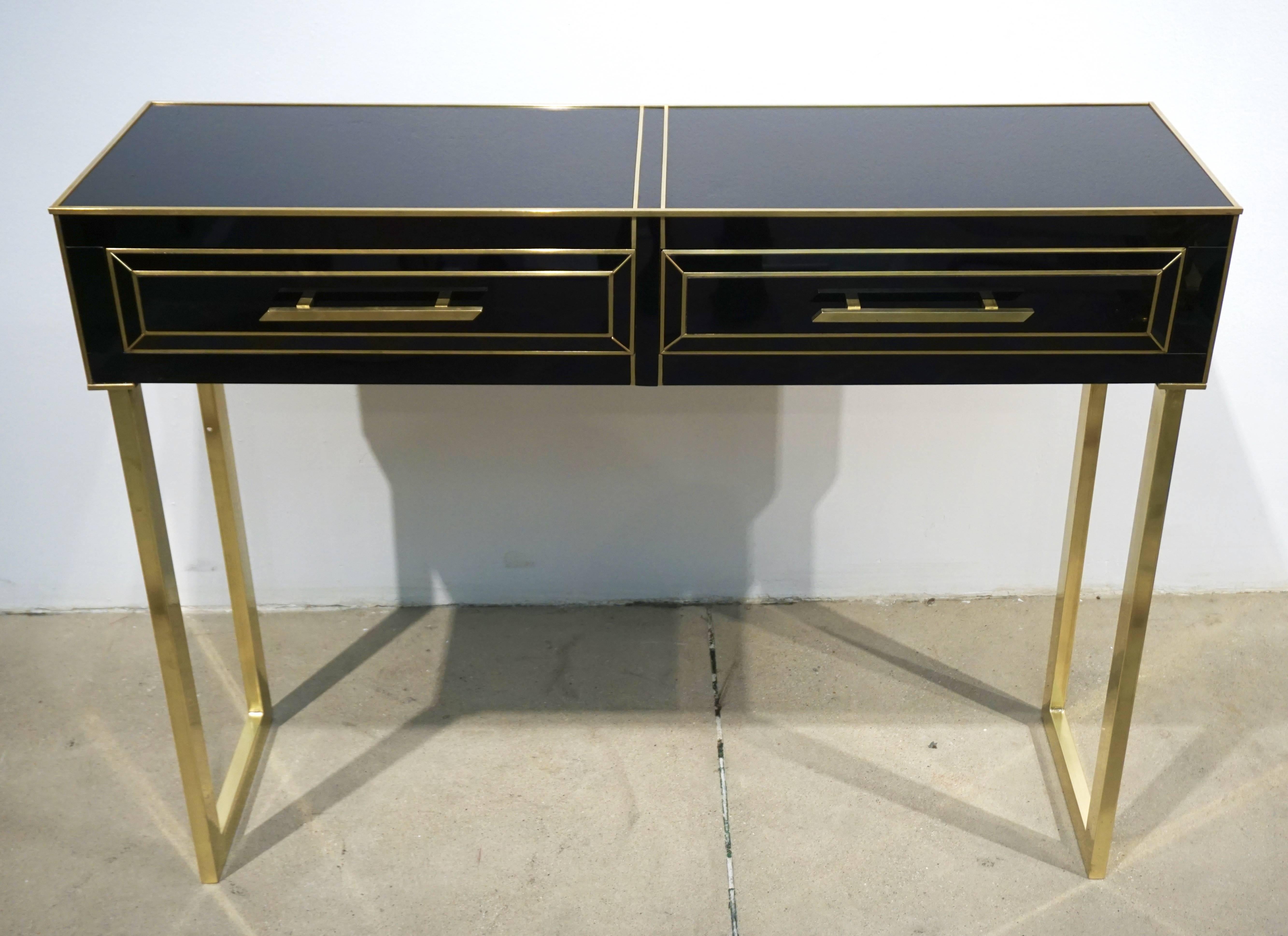Contemporary Italian Gold Brass and Black Glass Modern Console on Geometric Legs 2