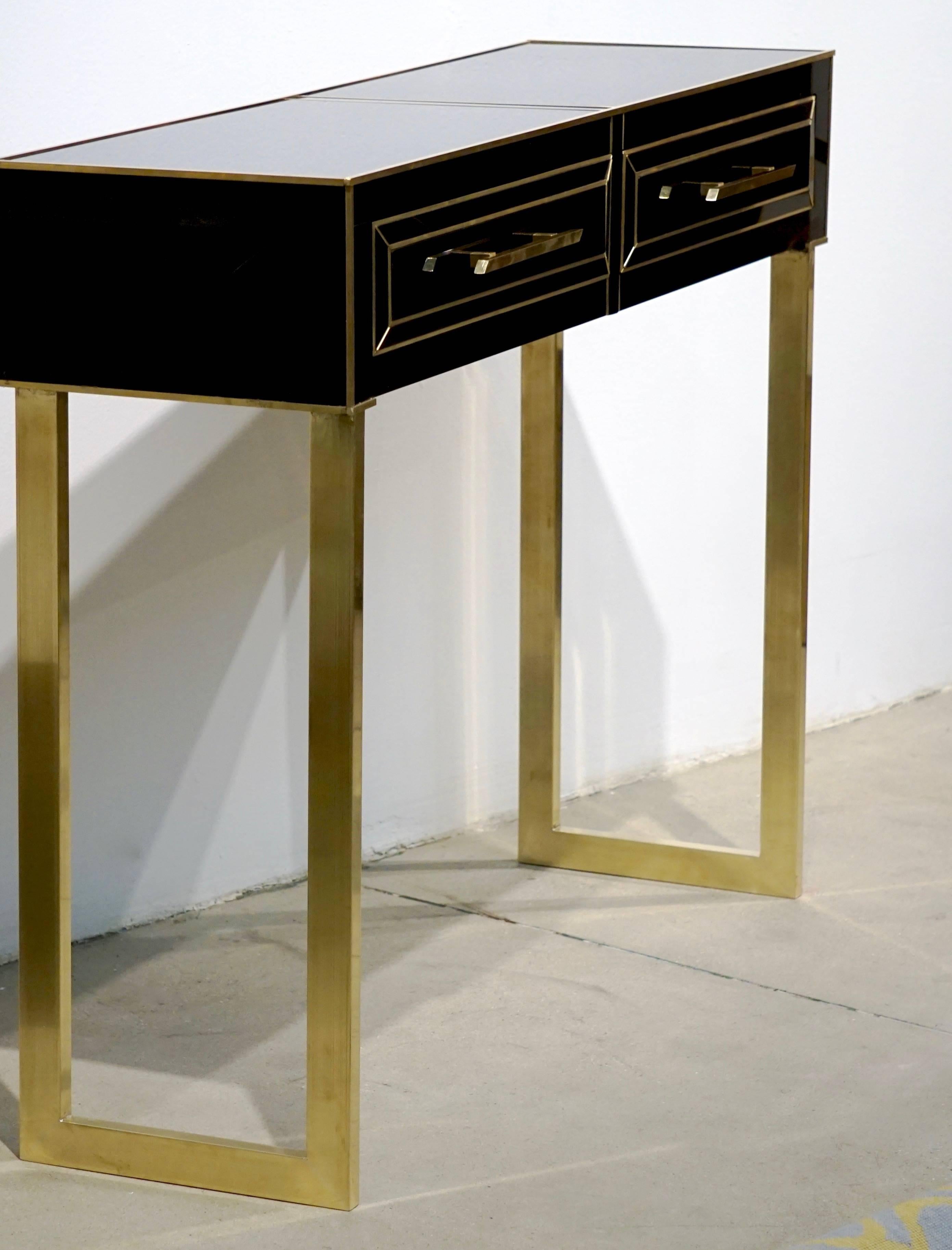 Contemporary Italian Gold Brass and Black Glass Modern Console on Geometric Legs 3