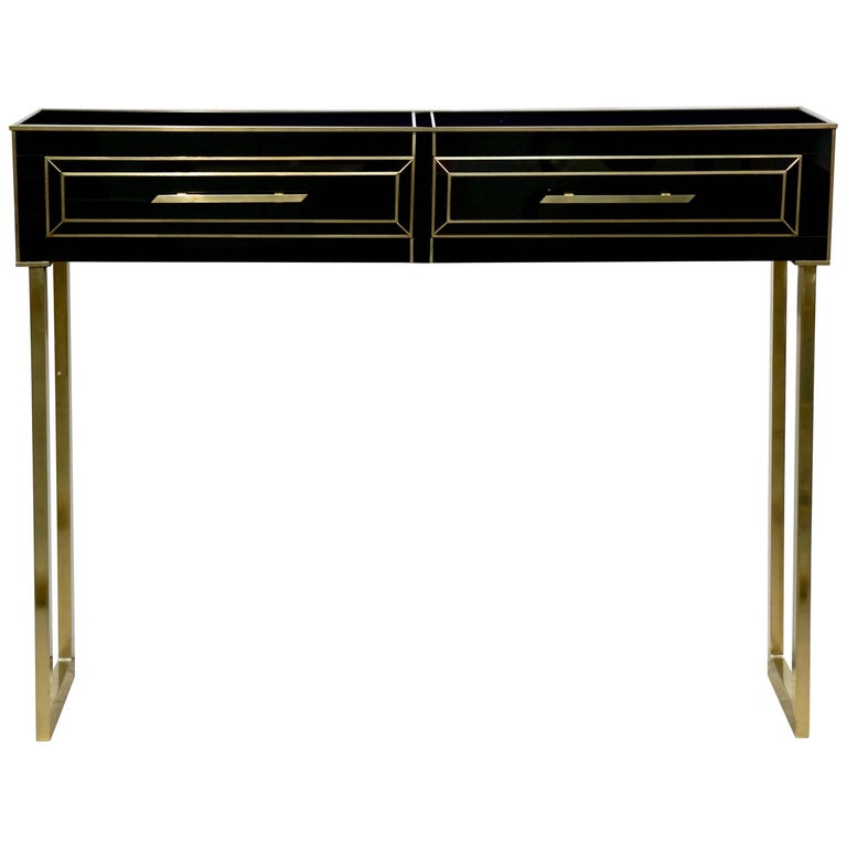 Contemporary Italian Gold Brass and Black Glass Modern Console on