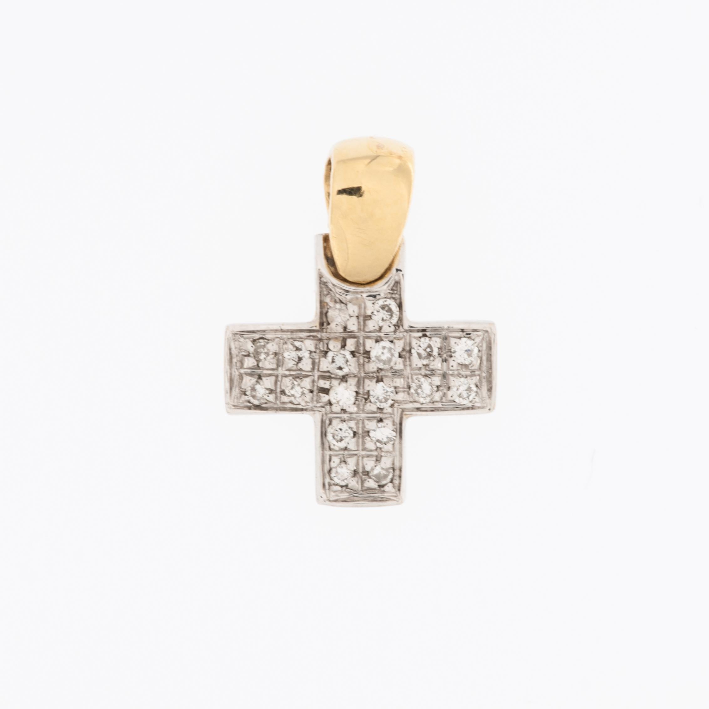 The Contemporary Italian Gold Cross with Diamonds combines traditional religious symbolism with modern design elements. 
The cross is designed in the classic Christian cross shape, a squared shape like the typical greek cross. 
The design is