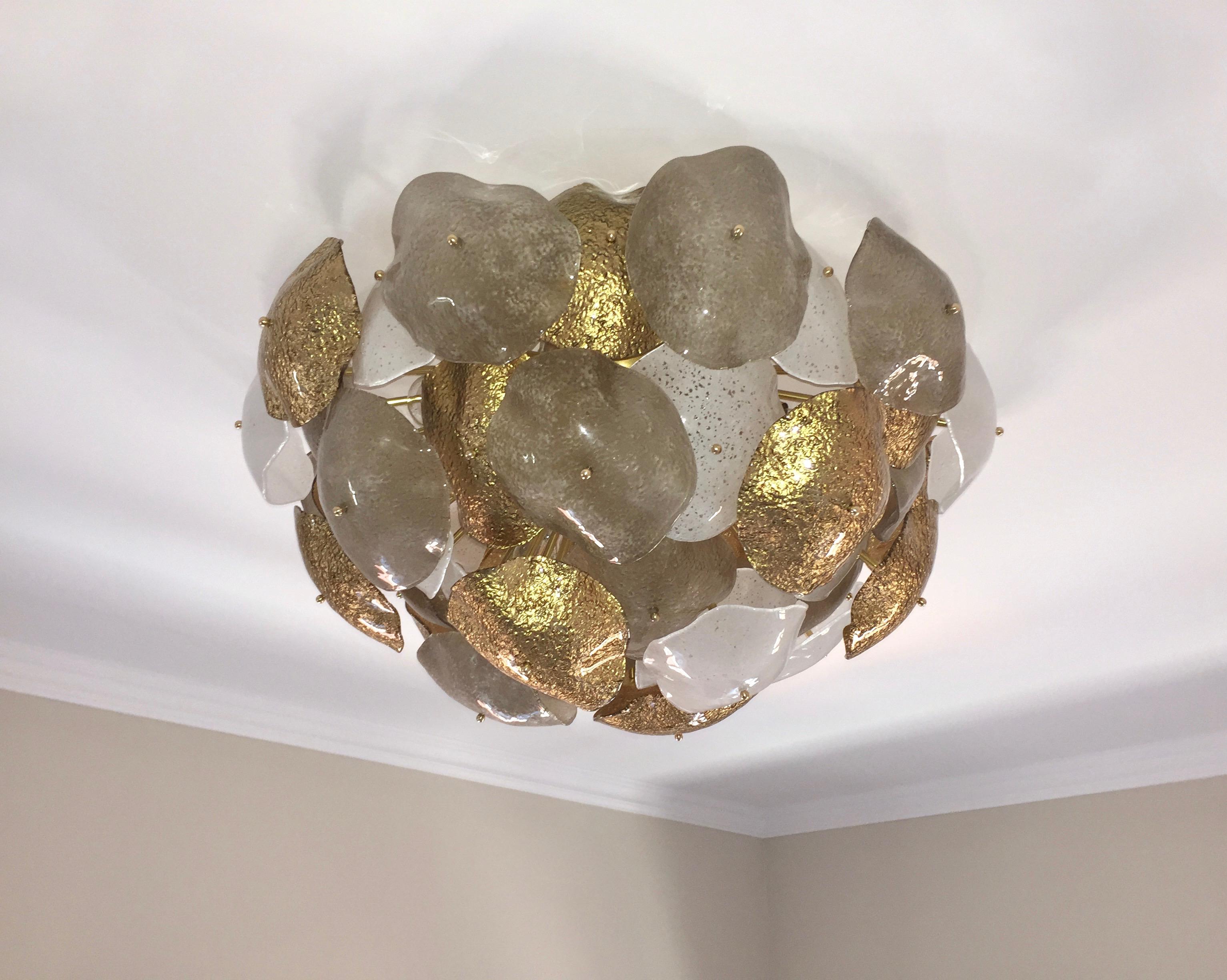 Organic Modern Contemporary Italian Gold Silver White Scavo Murano Glass Round Leaf Flushmount  For Sale