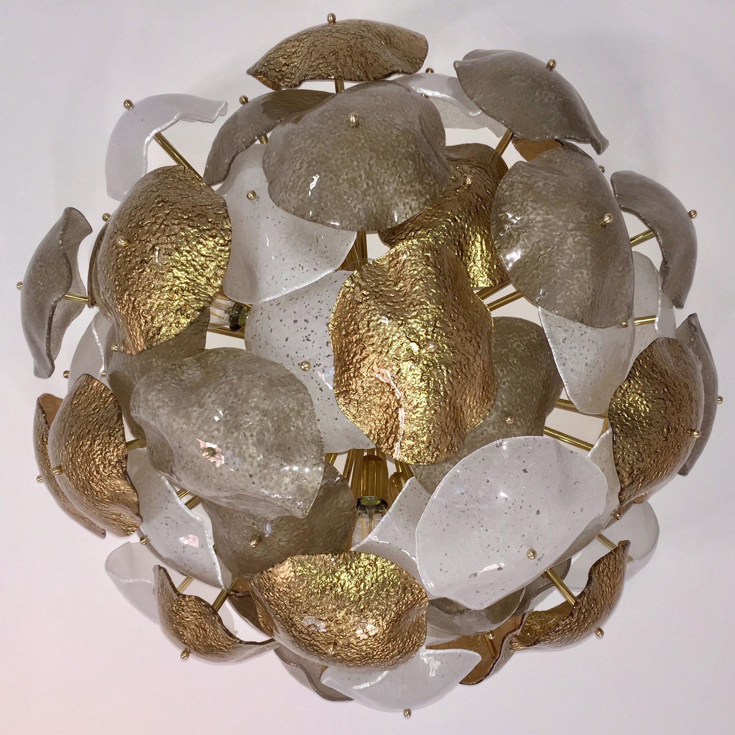 Contemporary Italian Gold Silver White Scavo Murano Glass Round Leaf Flushmount  For Sale 1