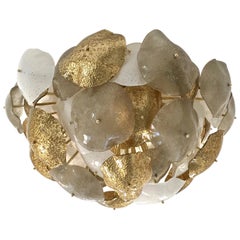 Contemporary Italian Gold Silver White Scavo Murano Glass Round Leaf Flushmount 
