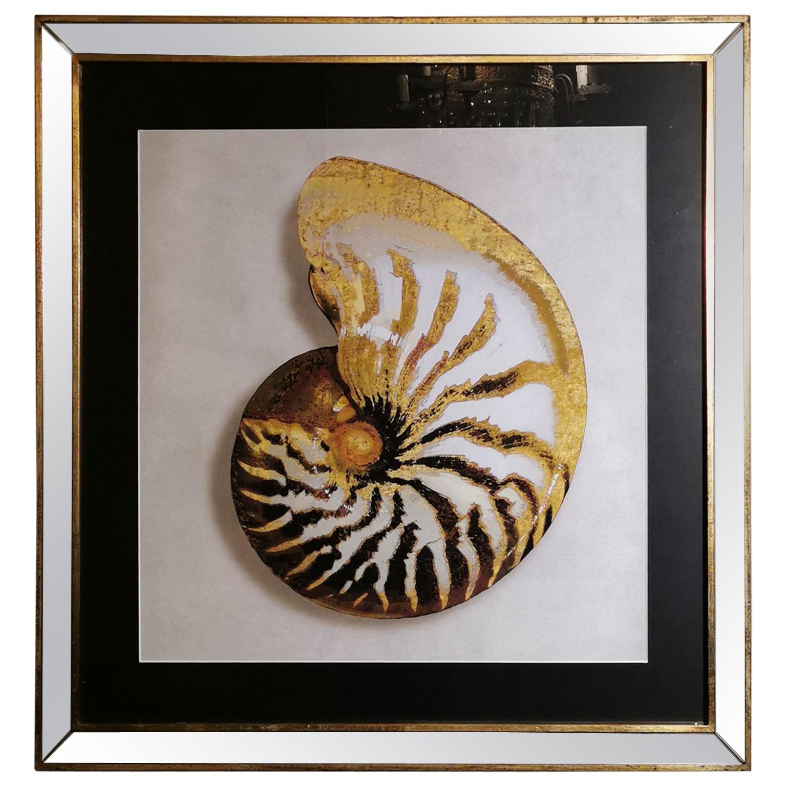 Contemporary Italian Golden Shell Print, Gilded Wood Frame with Mirror '2 of 4' For Sale