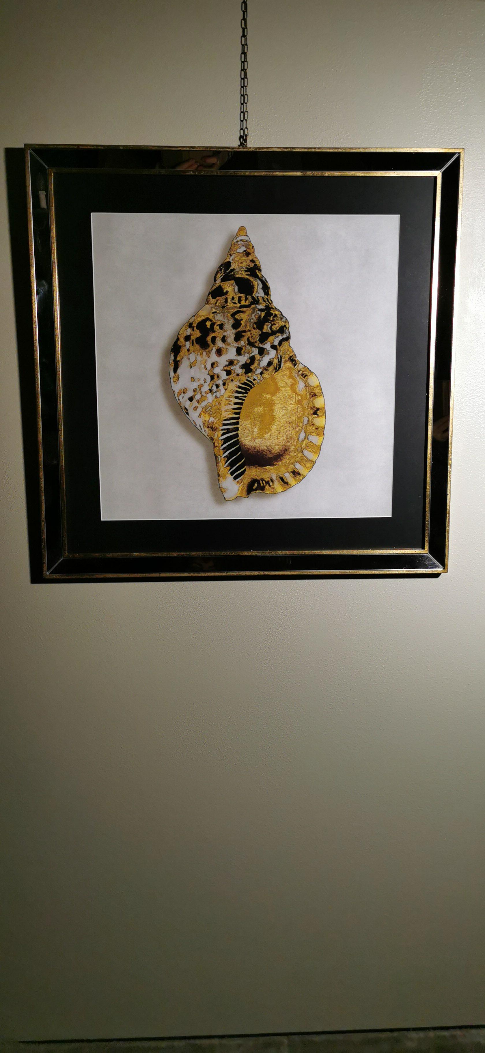 Élégante impression colorée à la main représentant un coquillage doré. Le cadre artisanal est en bois doré avec des inserts en miroir. Cette impression est réalisée avec une technique spéciale appelée giclée. La technique d'impression giclée est une