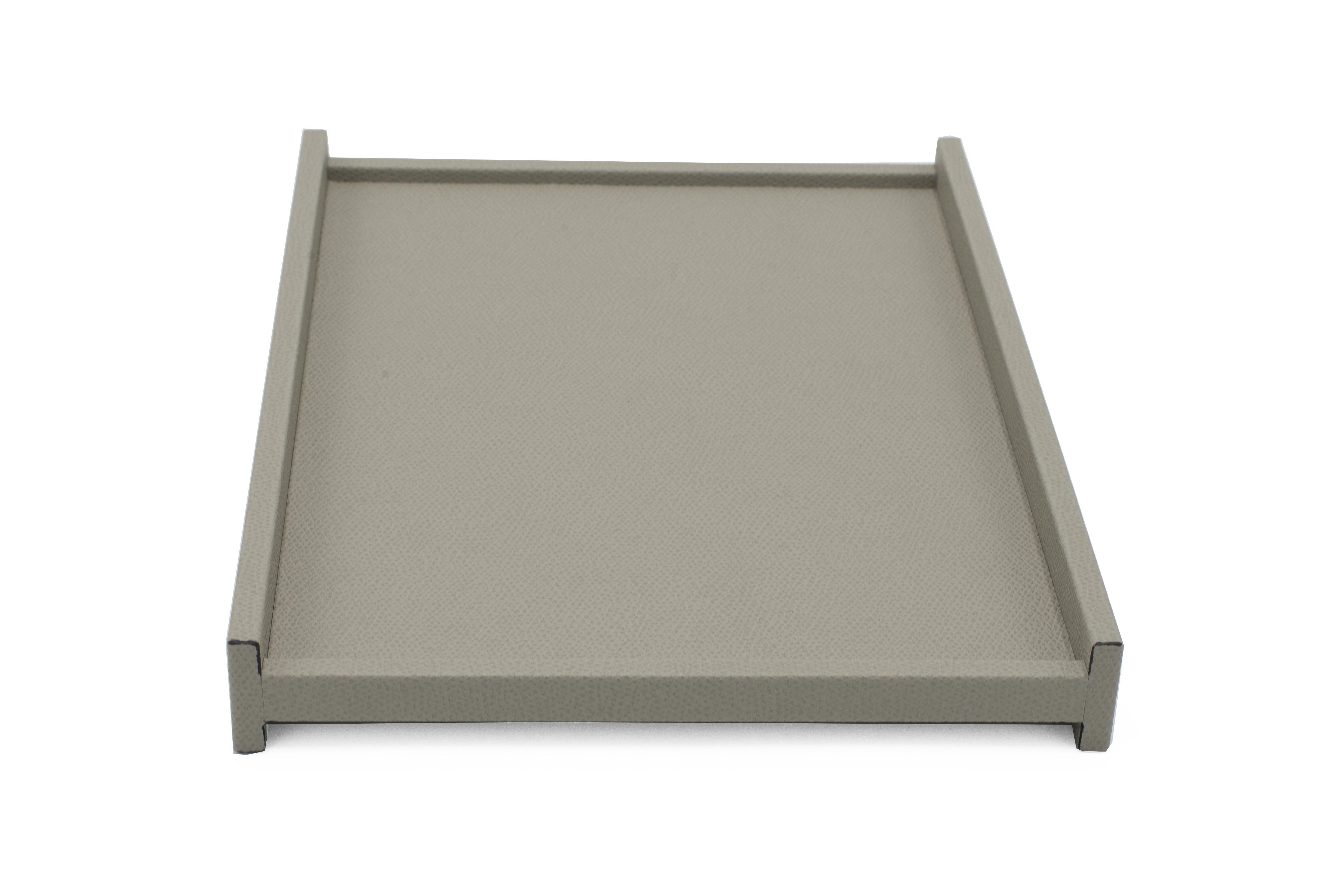 Contemporary rectangular gray calfskin valet tray with two low sides and two taller sides (Made in Italy).