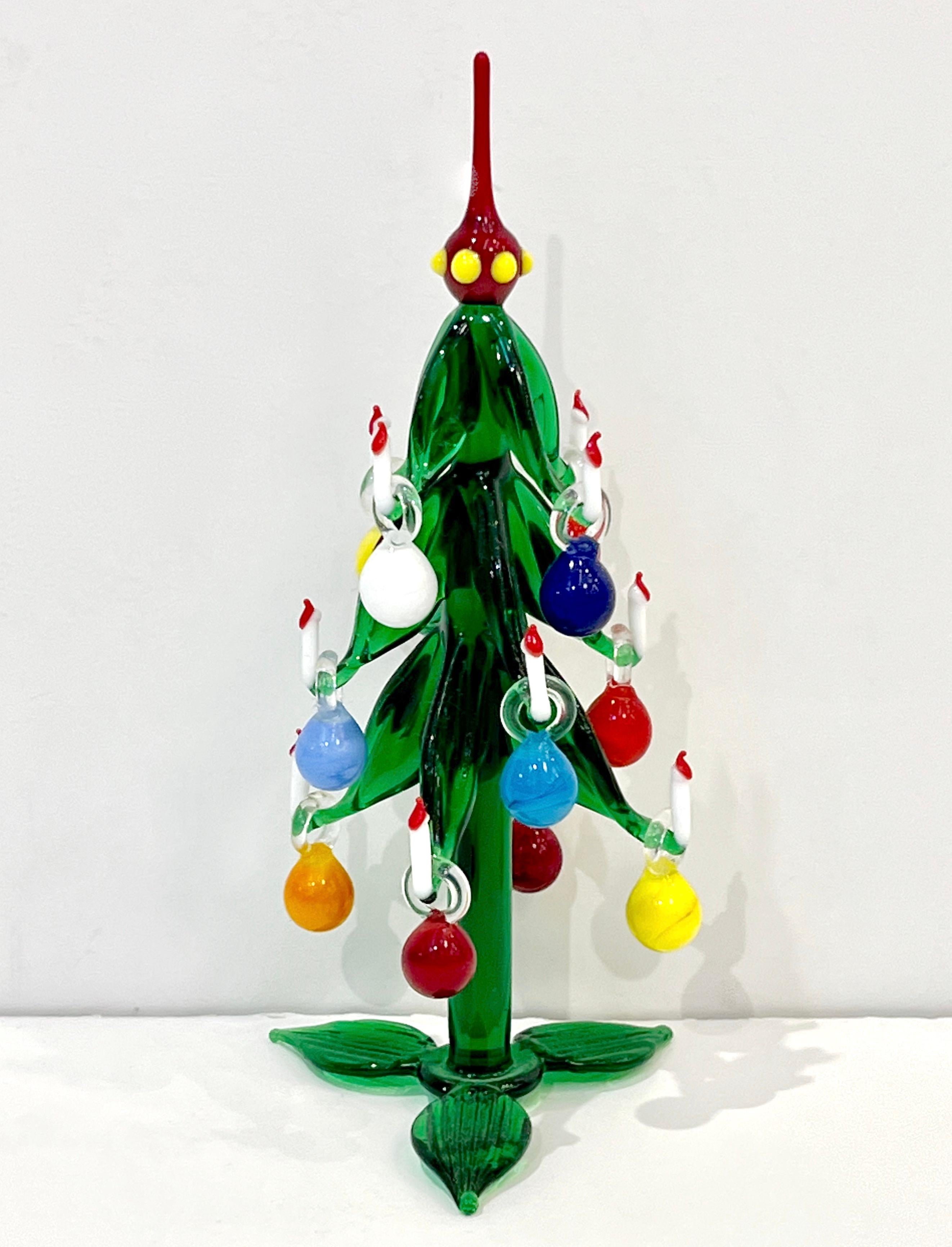 Contemporary Italian Green Murano Glass Christmas Tree Sculpture with ornaments 2