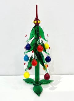 Contemporary Italian Green Murano Glass Christmas Tree Sculpture with ornaments