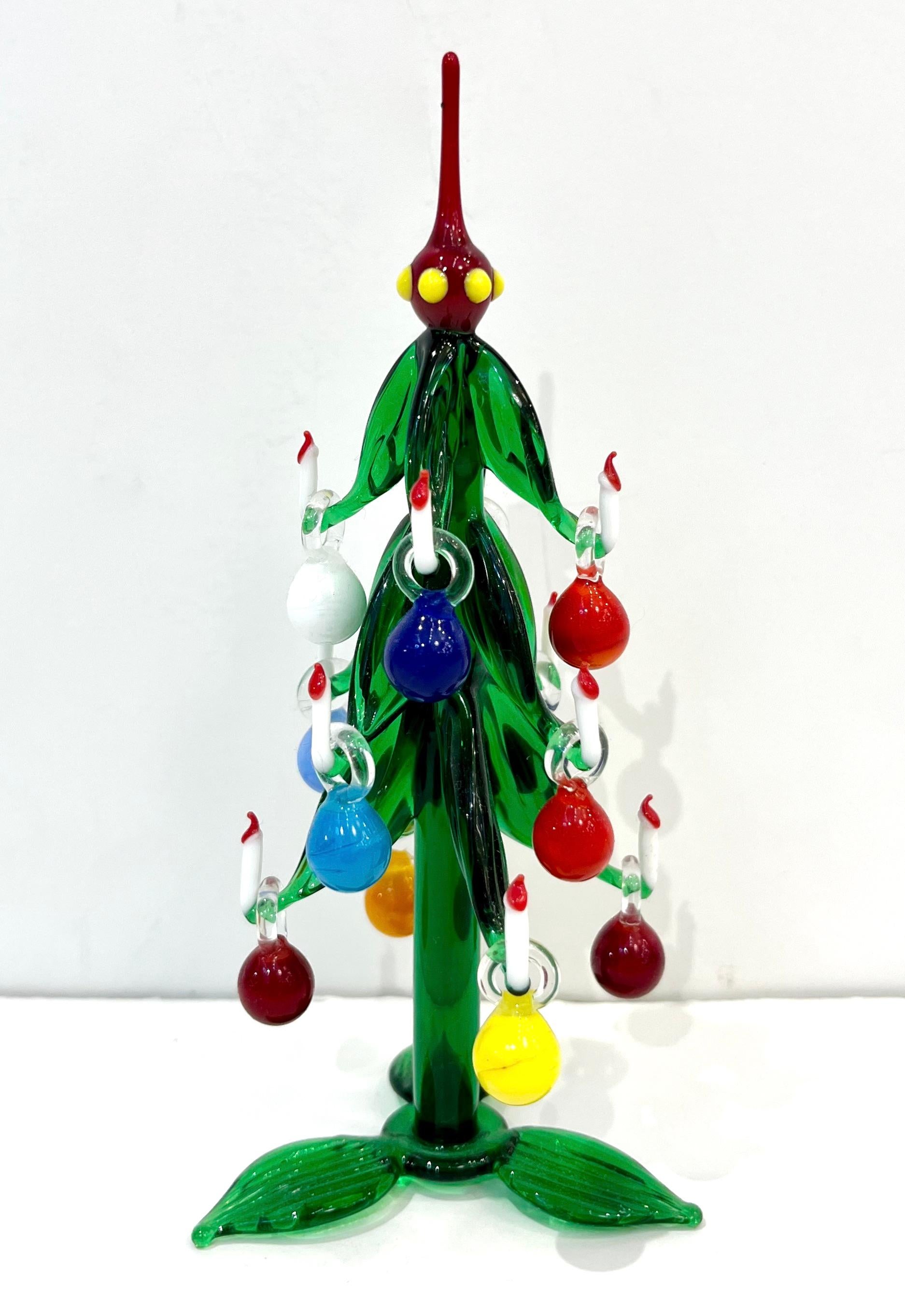 Contemporary Italian Green Murano Glass Christmas Tree Sculpture with ornaments 1