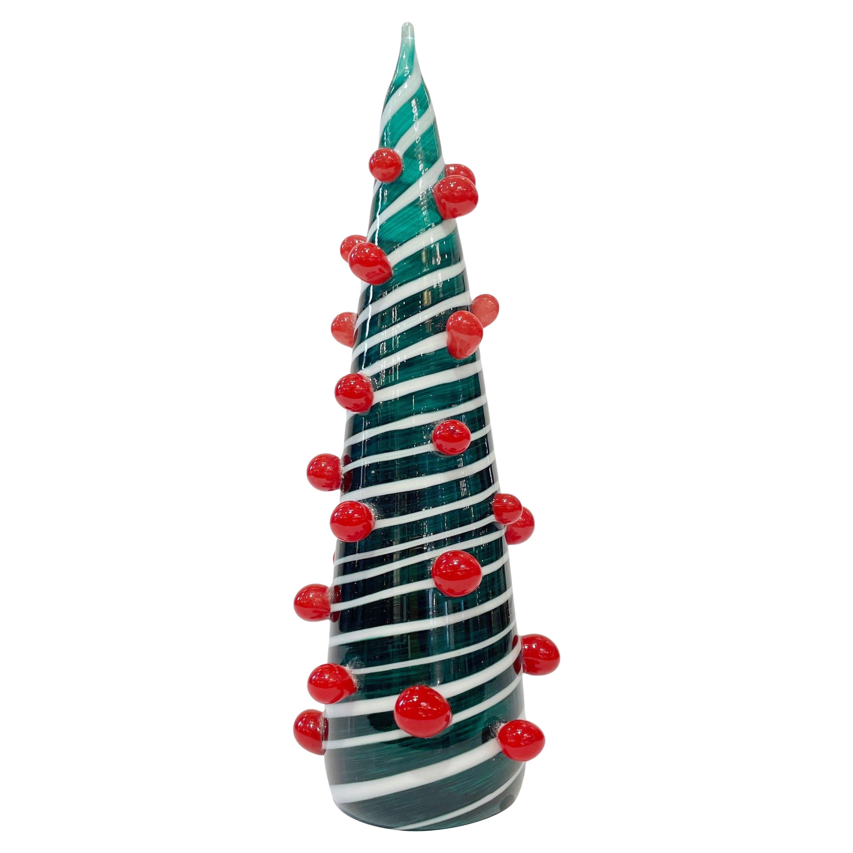 Contemporary Italian Green White Red Murano Glass Christmas Tree Cone Sculpture