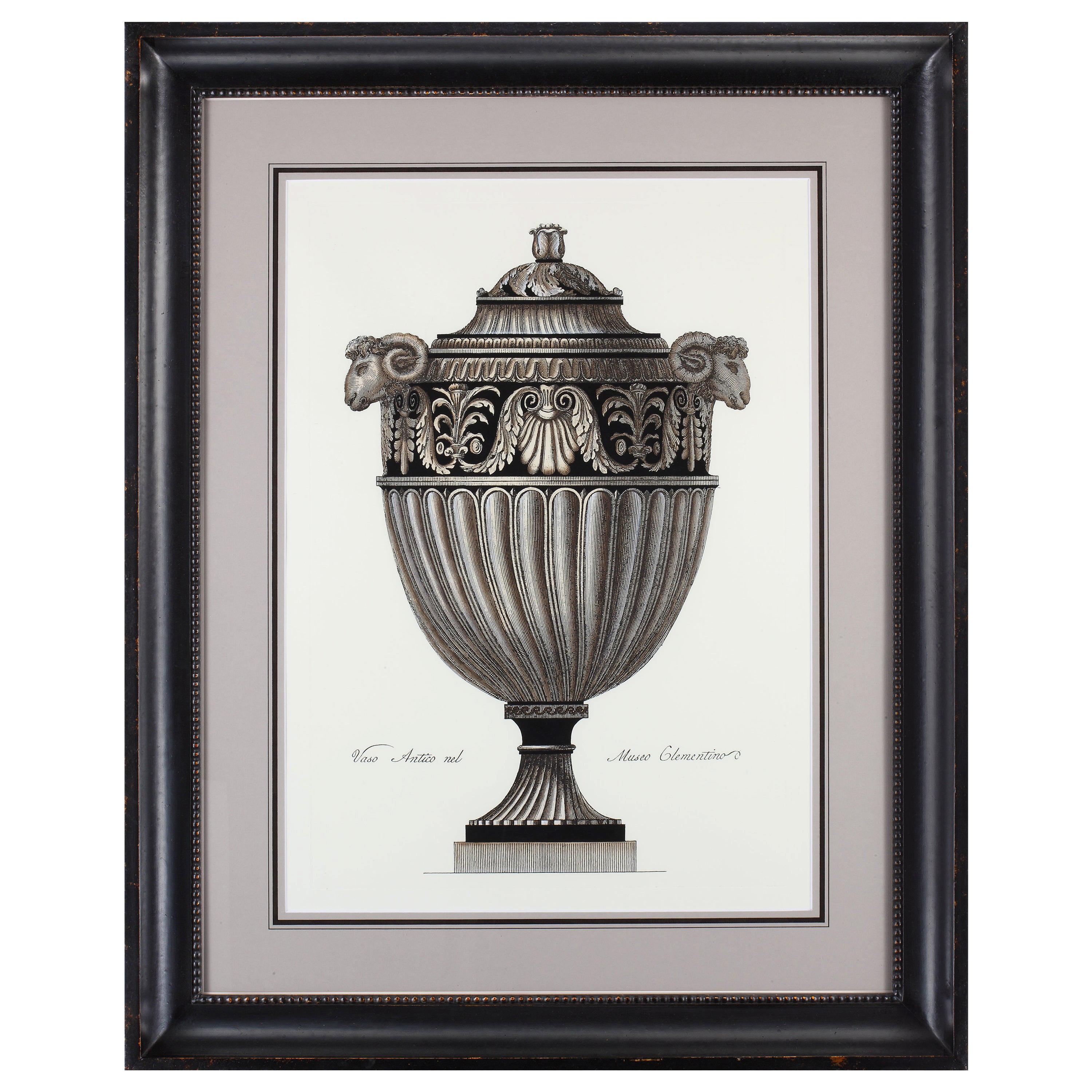 Contemporary Italian Hand Colored Roman Vase Print with Handcrafted Black Frame