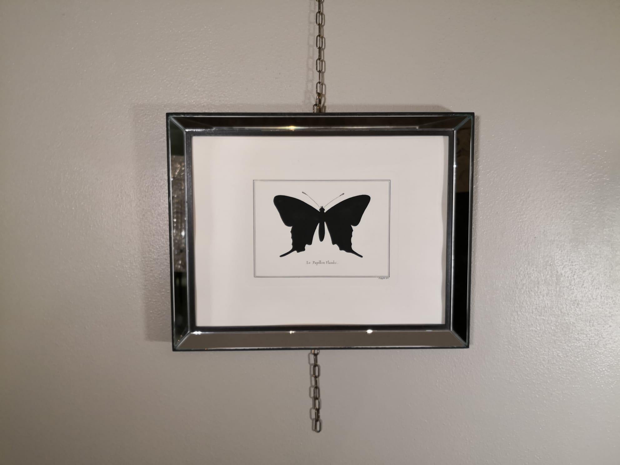 Estampa artística decorativa coloreada a mano que representa una escasa mariposa de cola de golondrina.
Este grabado ha sido prensado con una prensa antigua llamada 