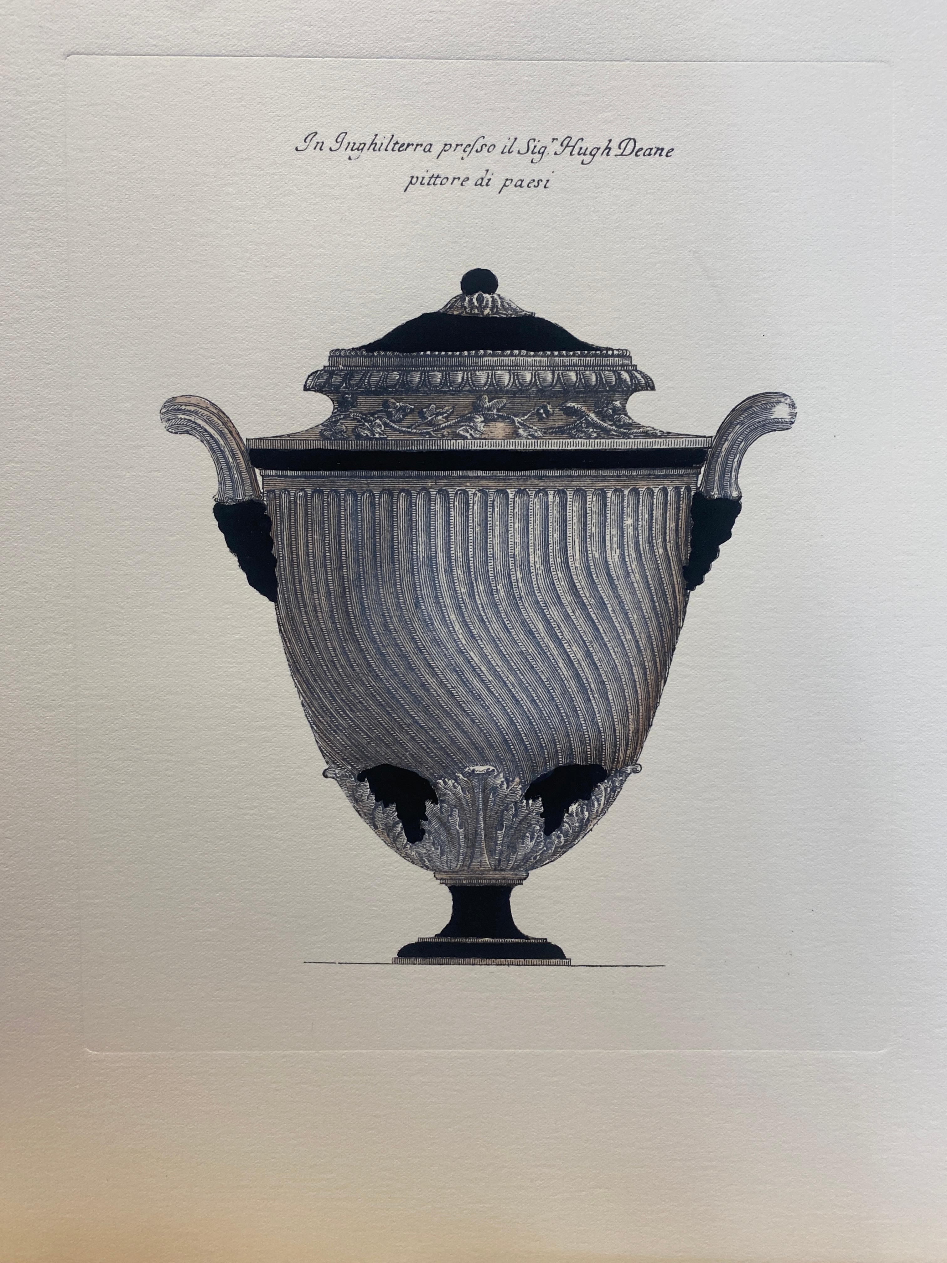 Very original reproductions of decorative vases from important English mansions, printed on a hand press on 100% cotton engraving paper.
Completely handpainted with a cream wash, umber highlights, and matte black details.

Available in five
