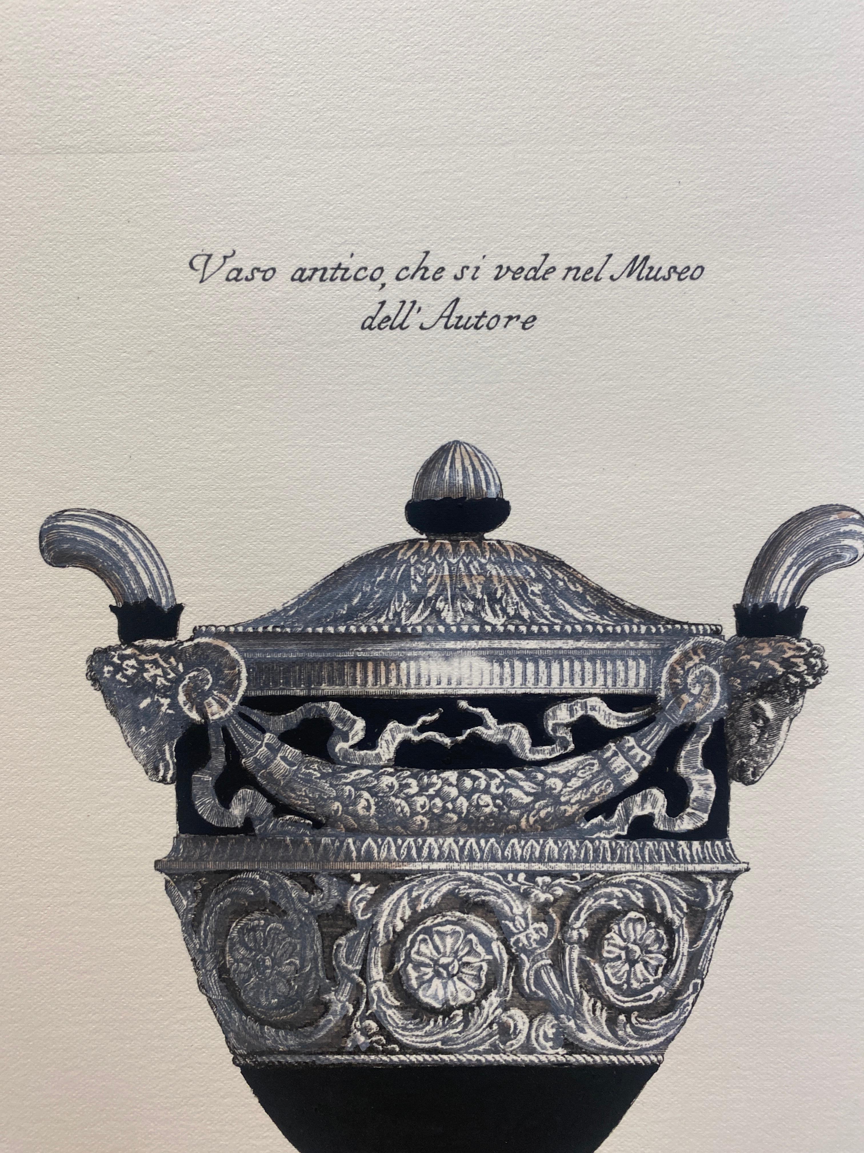 Very original reproductions of decorative vases from important English mansions, printed on a hand press on 100% cotton engraving paper.
Completely handpainted with a cream wash, umber highlights, and matte black details.

Available in five