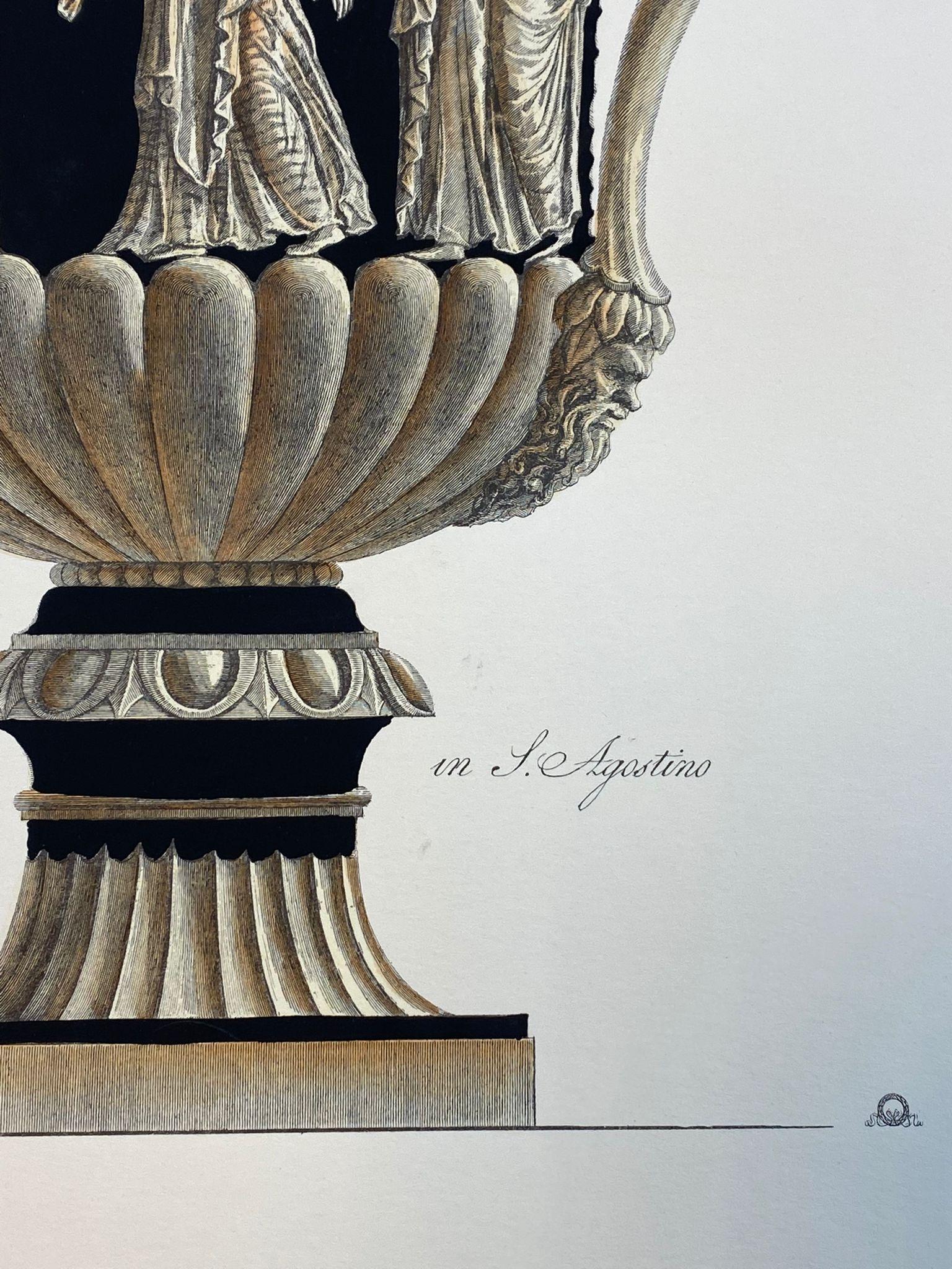 Néoclassique Gravure contemporaine italienne colorée à la main d'un vase romain antique 