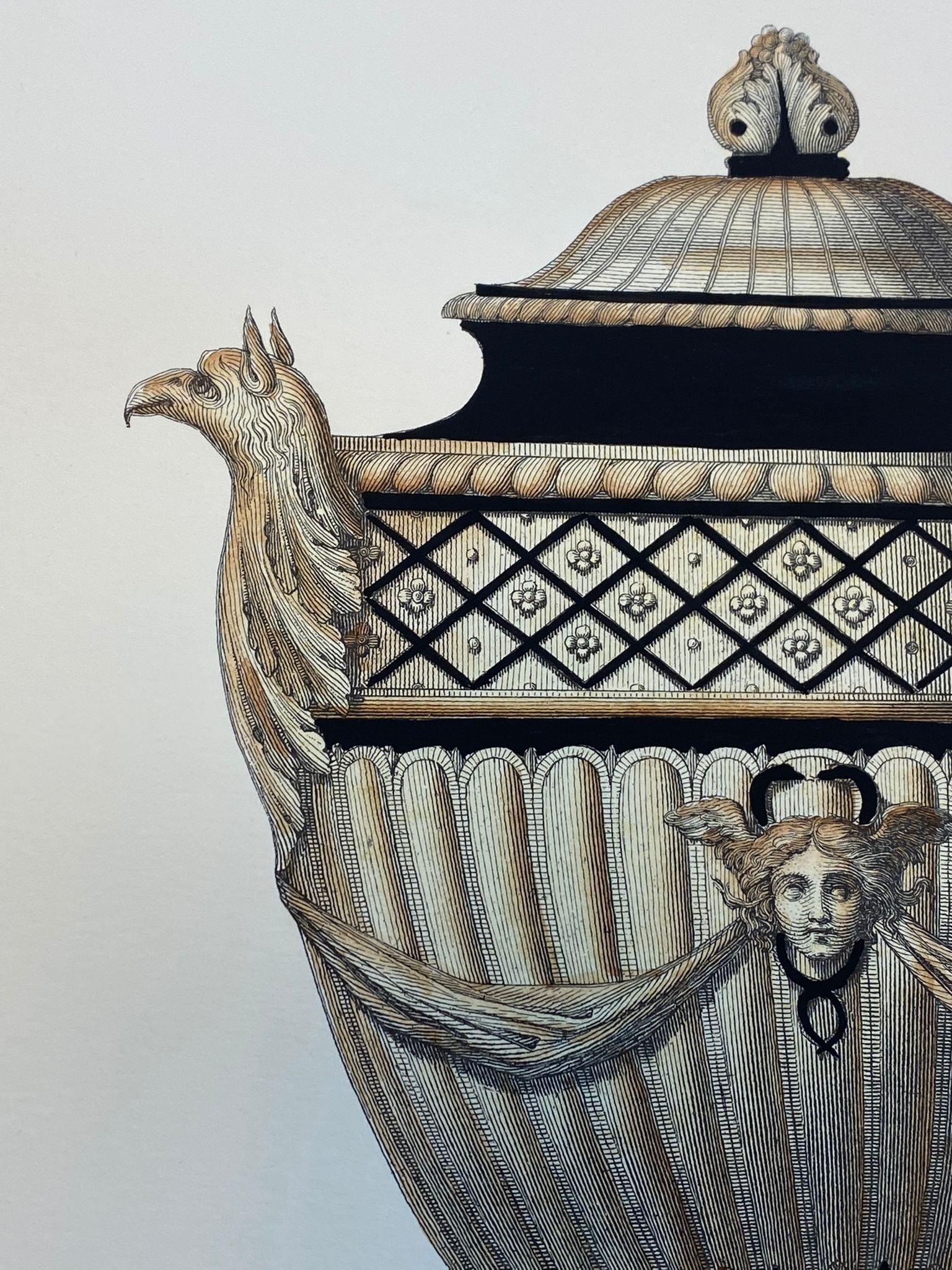 Fait main Gravure contemporaine italienne colorée à la main d'un vase romain antique 