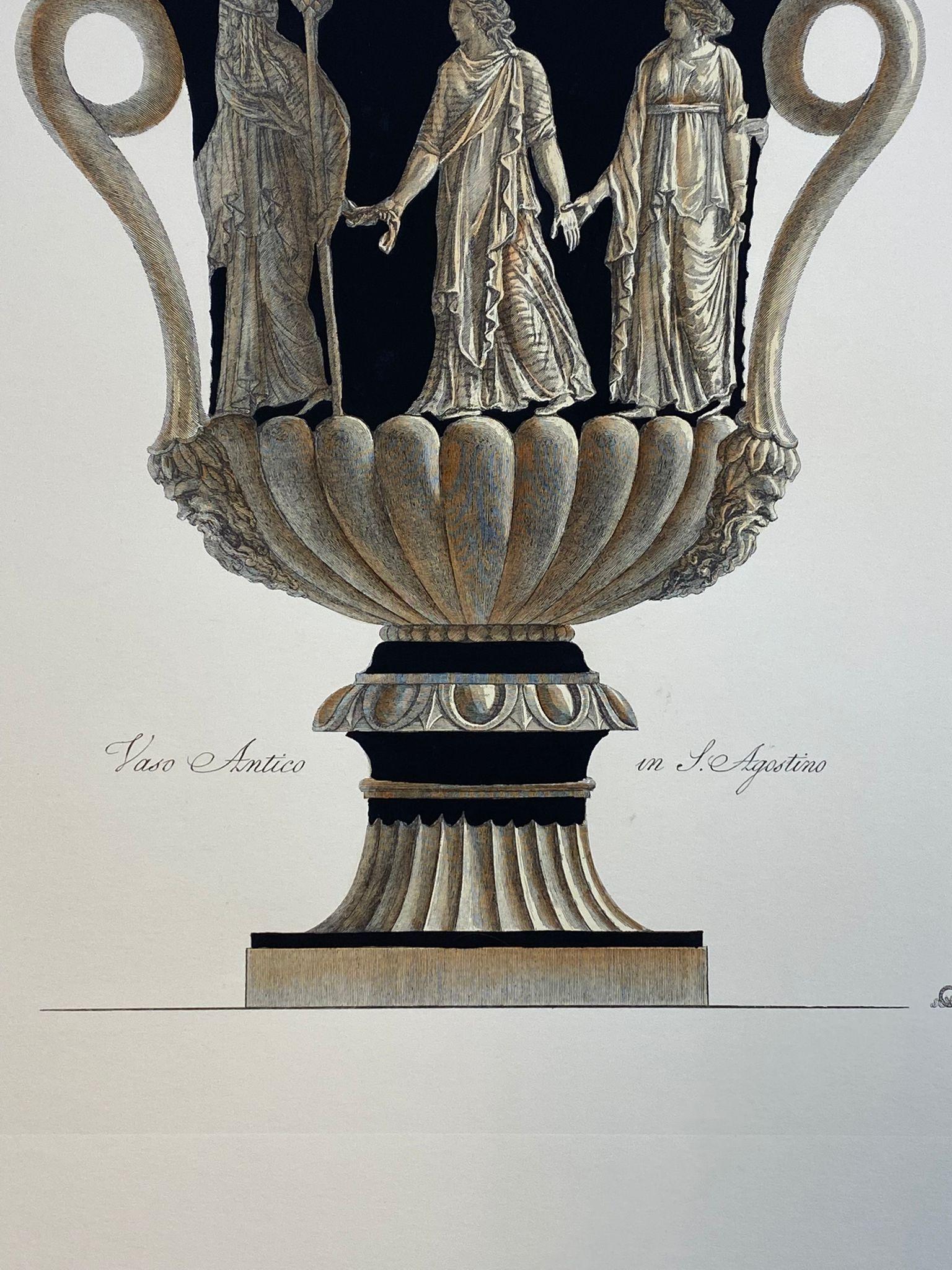 Fait main Gravure contemporaine italienne colorée à la main d'un vase romain antique 