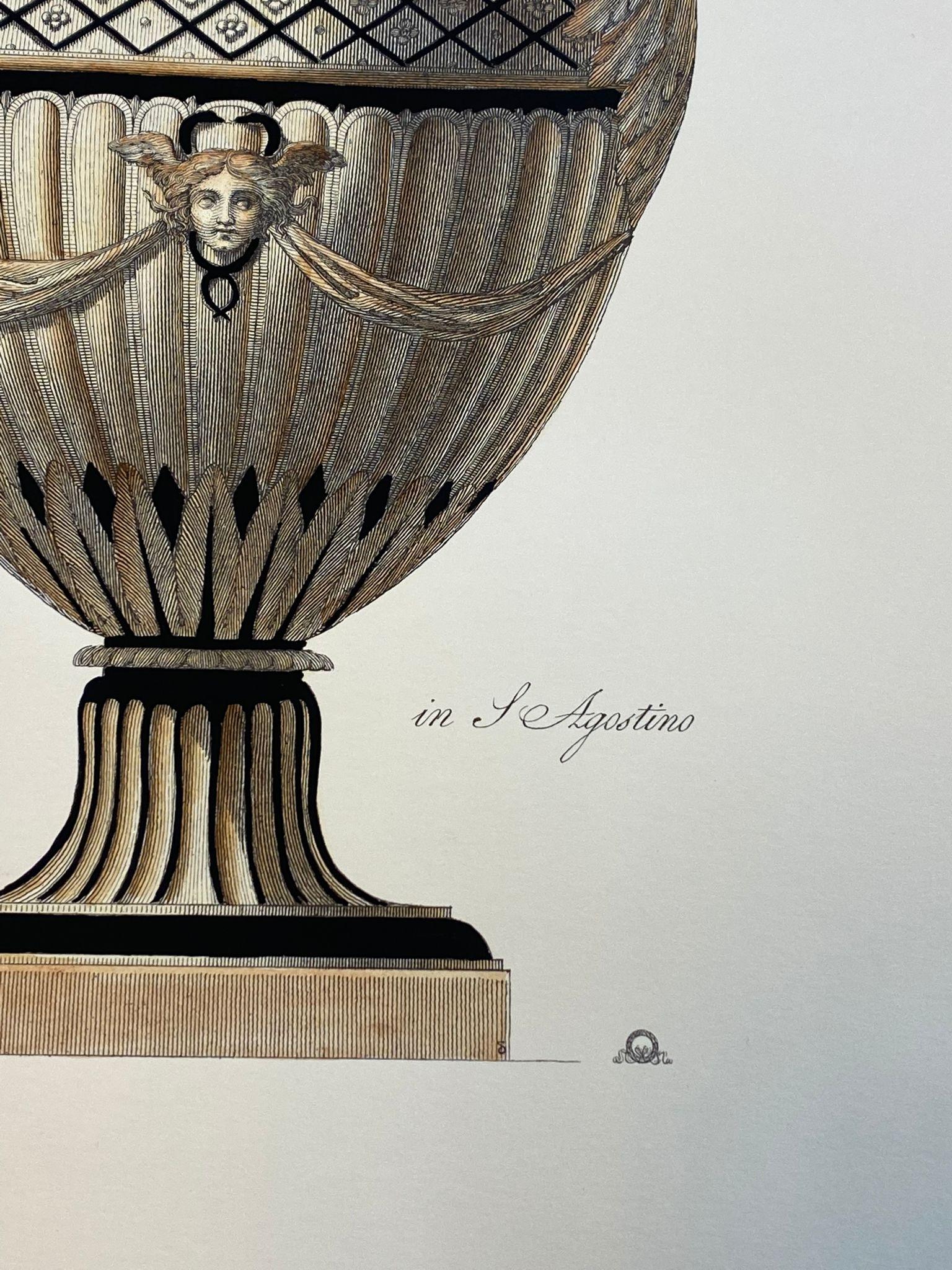 Gravure contemporaine italienne colorée à la main d'un vase romain antique 