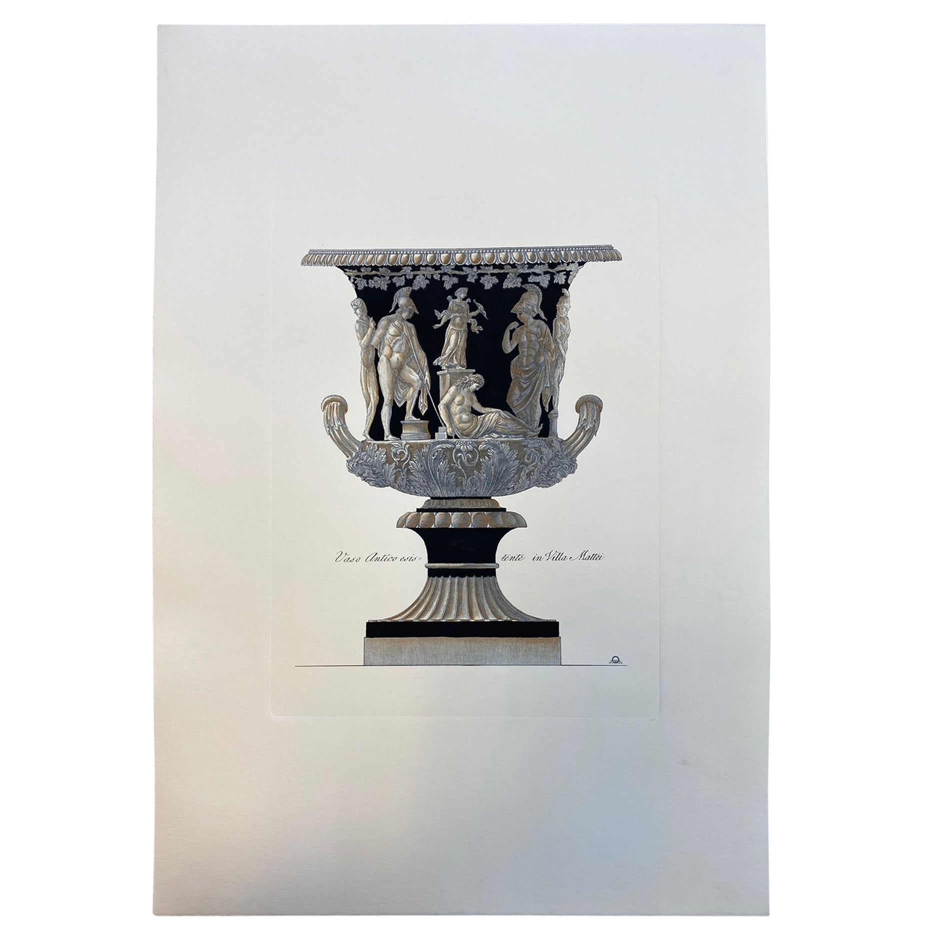 Zeitgenössische italienische handkolorierte antike römische Vase mit Druck „in Villa Mattei“