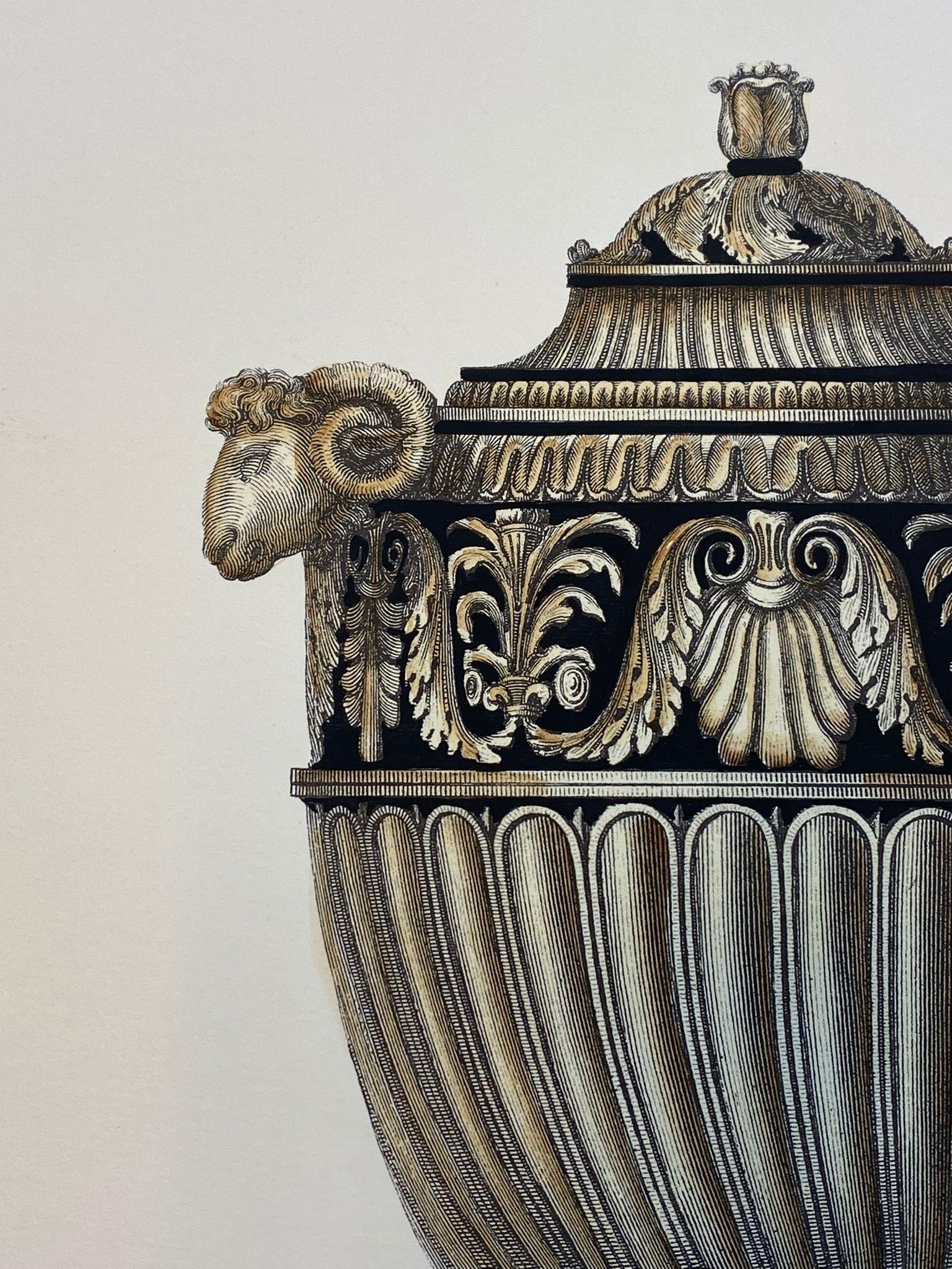 Extra large Roman vase printed on a hand press on 100% cotton engraving paper.
Completely handpainted with a cream wash, umber highlights, and matte black details.
Light brown mat with black hand embellishments.
Available in six different vase