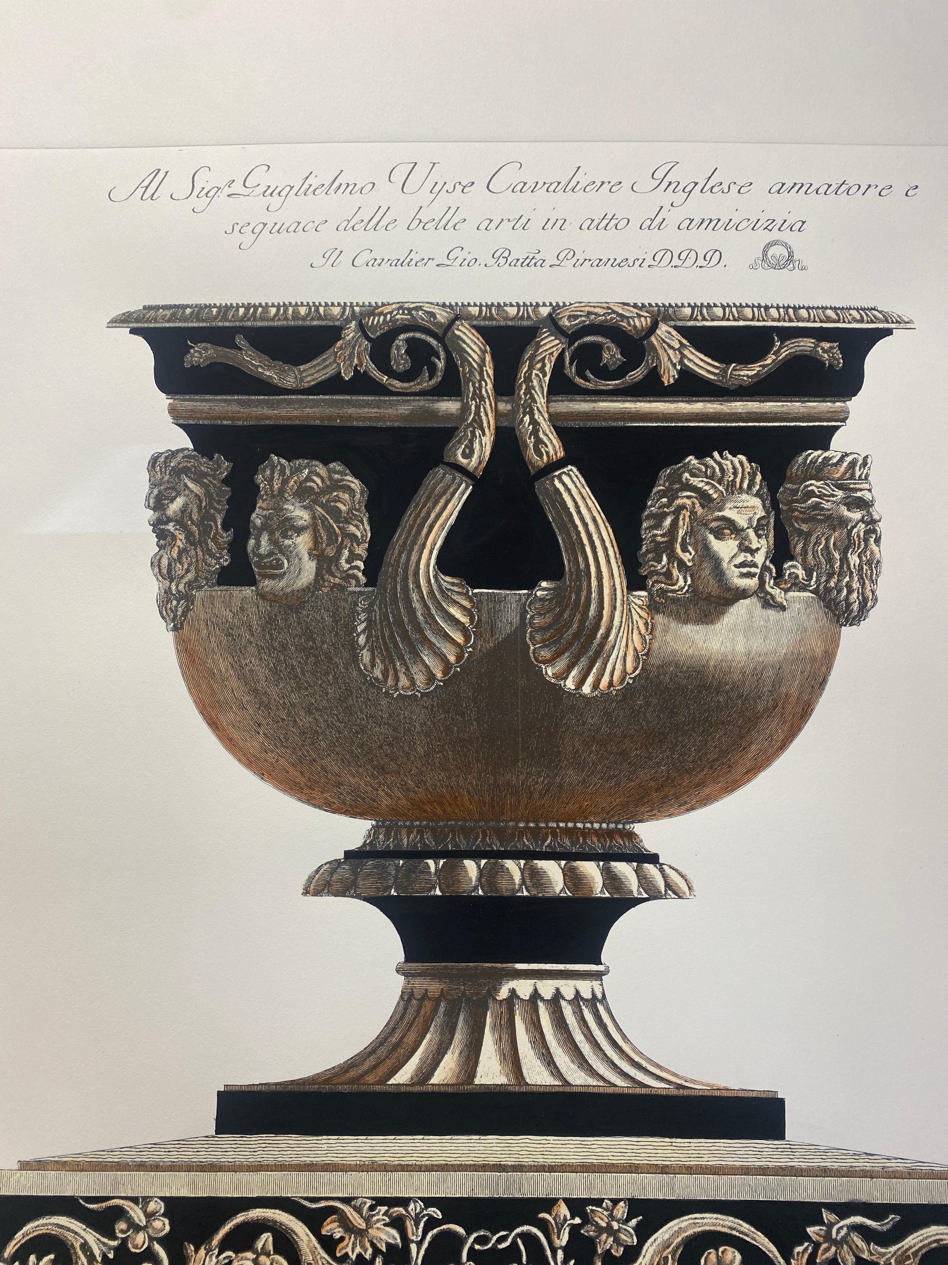Extra large Roman marble vase on a porphyry pedestal printed on a hand press on 100% cotton engraving paper.
Completely handpainted with a cream wash, umber highlights, and matte black details.
Light brown mat with black hand embellishments.
The