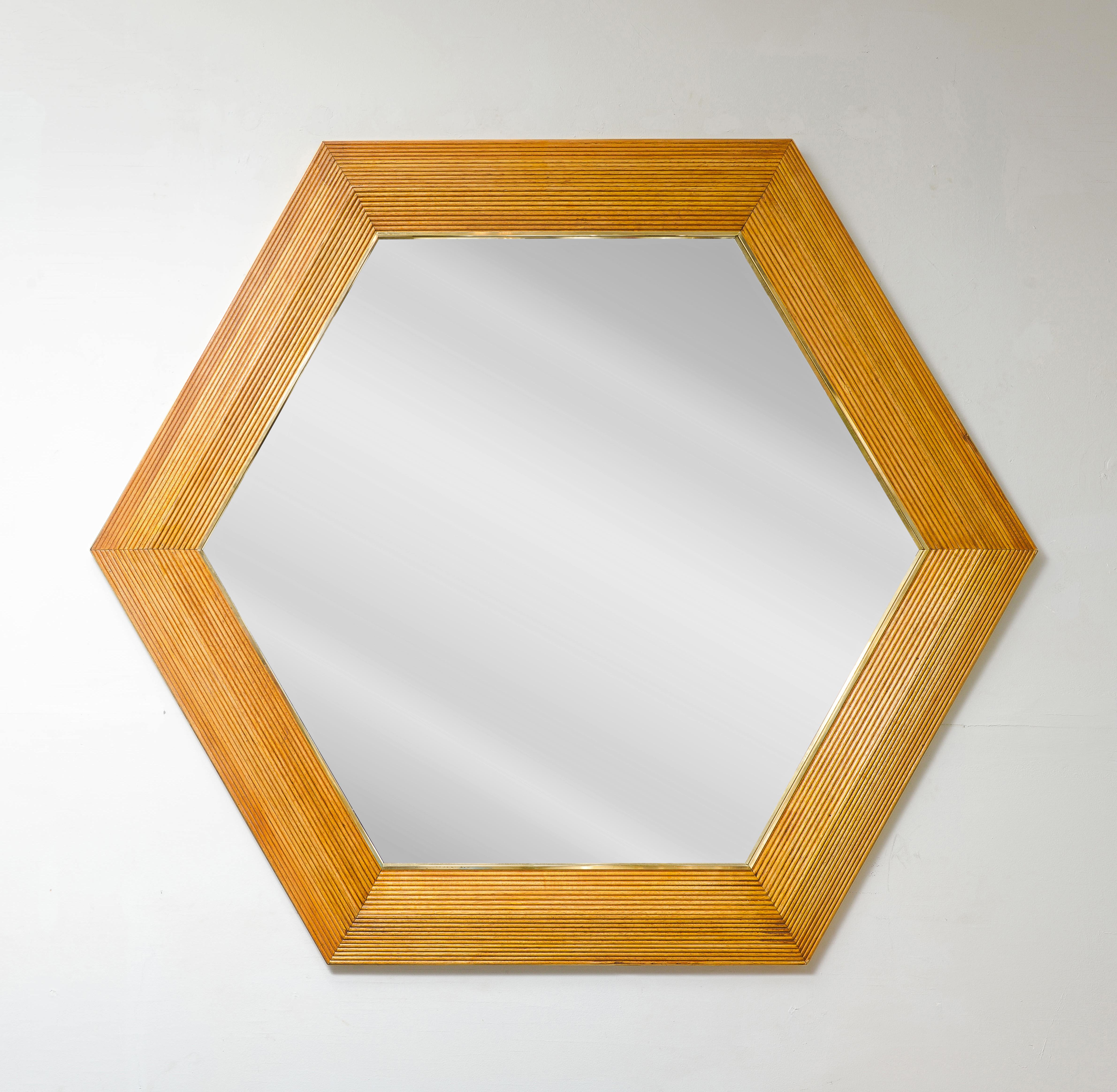 Contemporary Italian Hexagonal Rattan Mirror.