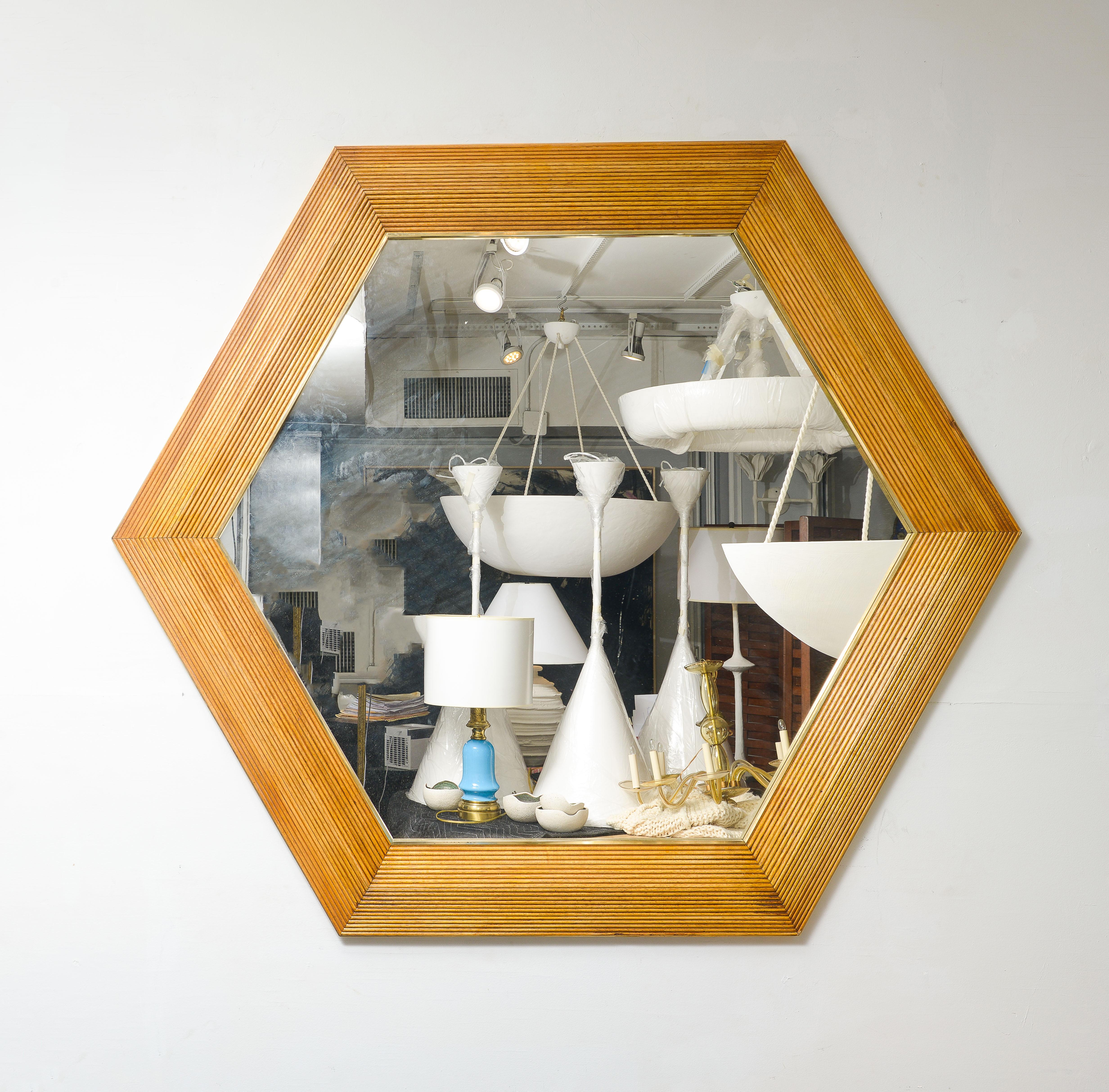 Modern Contemporary Italian Hexagonal Rattan Mirror For Sale