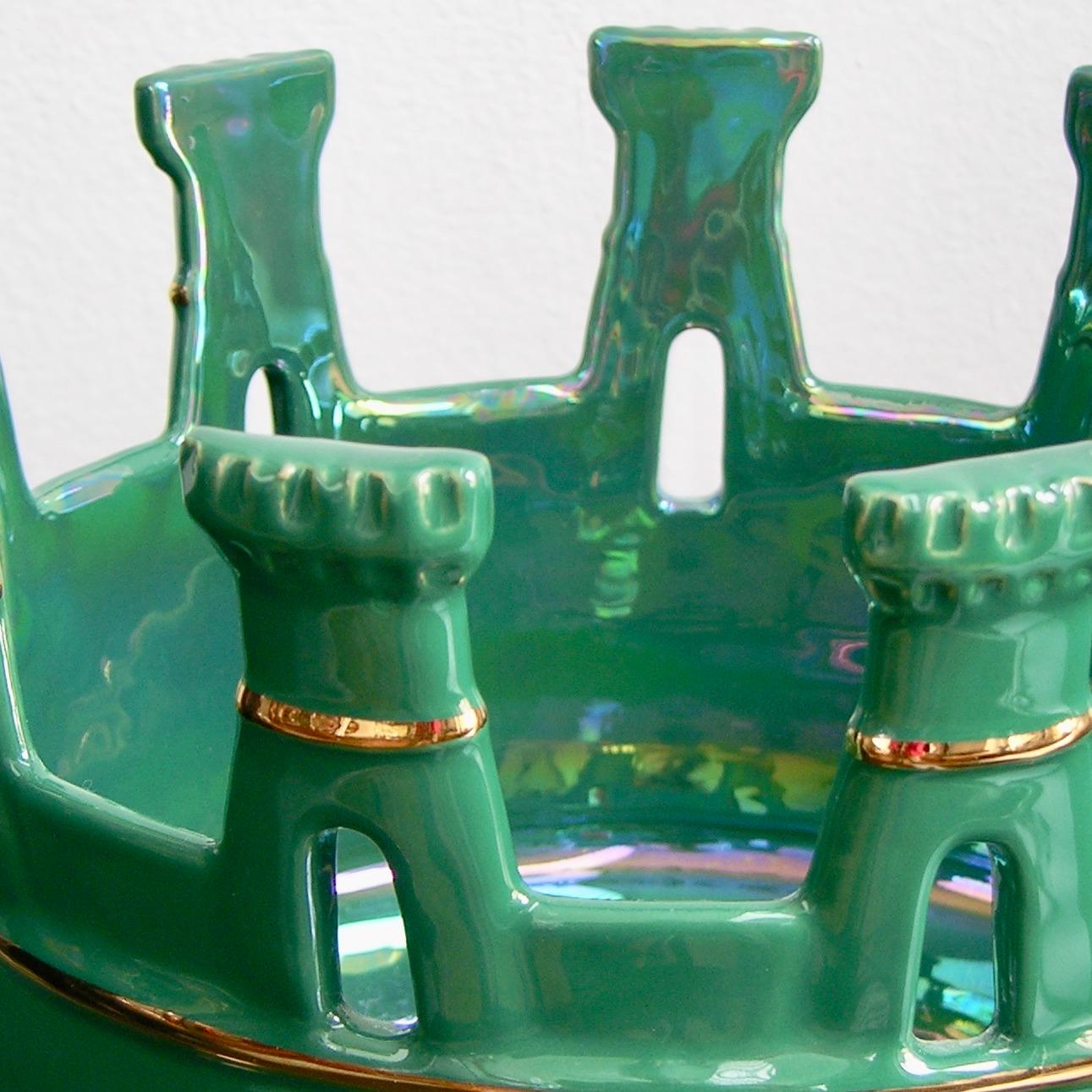Fired Contemporary Italian Hunter Green Majolica Crown Bowl with Pure Gold Accents For Sale