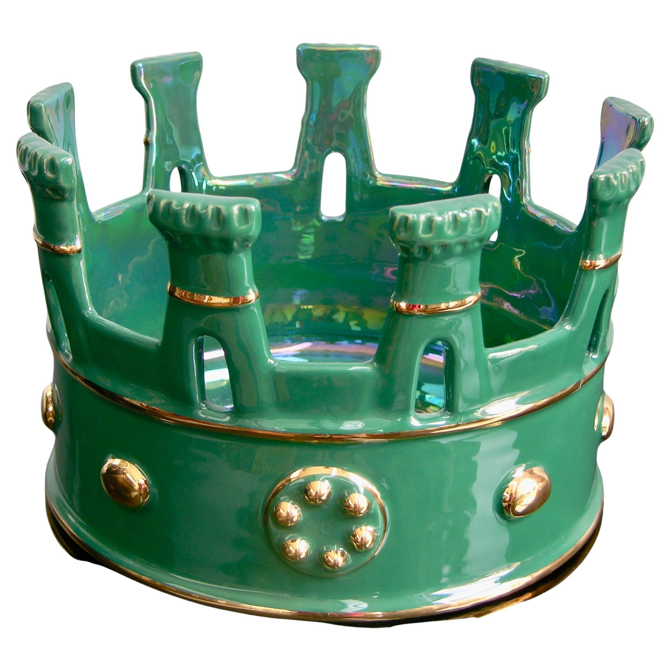 Contemporary Italian Hunter Green Majolica Crown Bowl with Pure Gold Accents For Sale