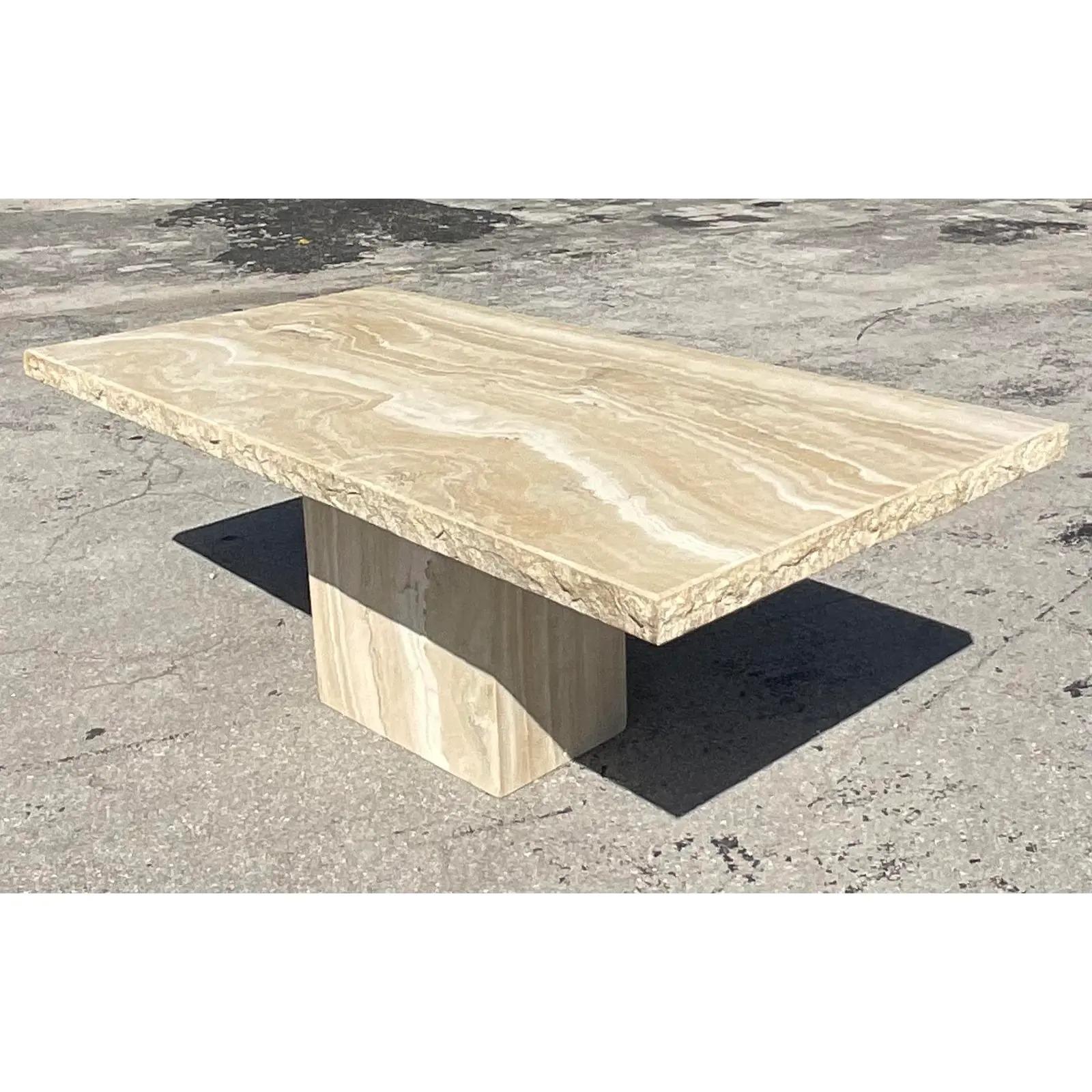 Fantastic vintage Stone International dining table. Jagged edge with amazing natural grain in the stone. Acquired from a Miami estate.