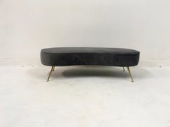 Contemporary Italian Kidney Stool in Grey Velvet with Brass Legs