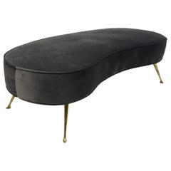 Contemporary Italian Kidney Stool in Grey Velvet with Brass Legs