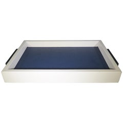 Contemporary Italian Leather Giobagnara Deco Tray in White and Royal Blue