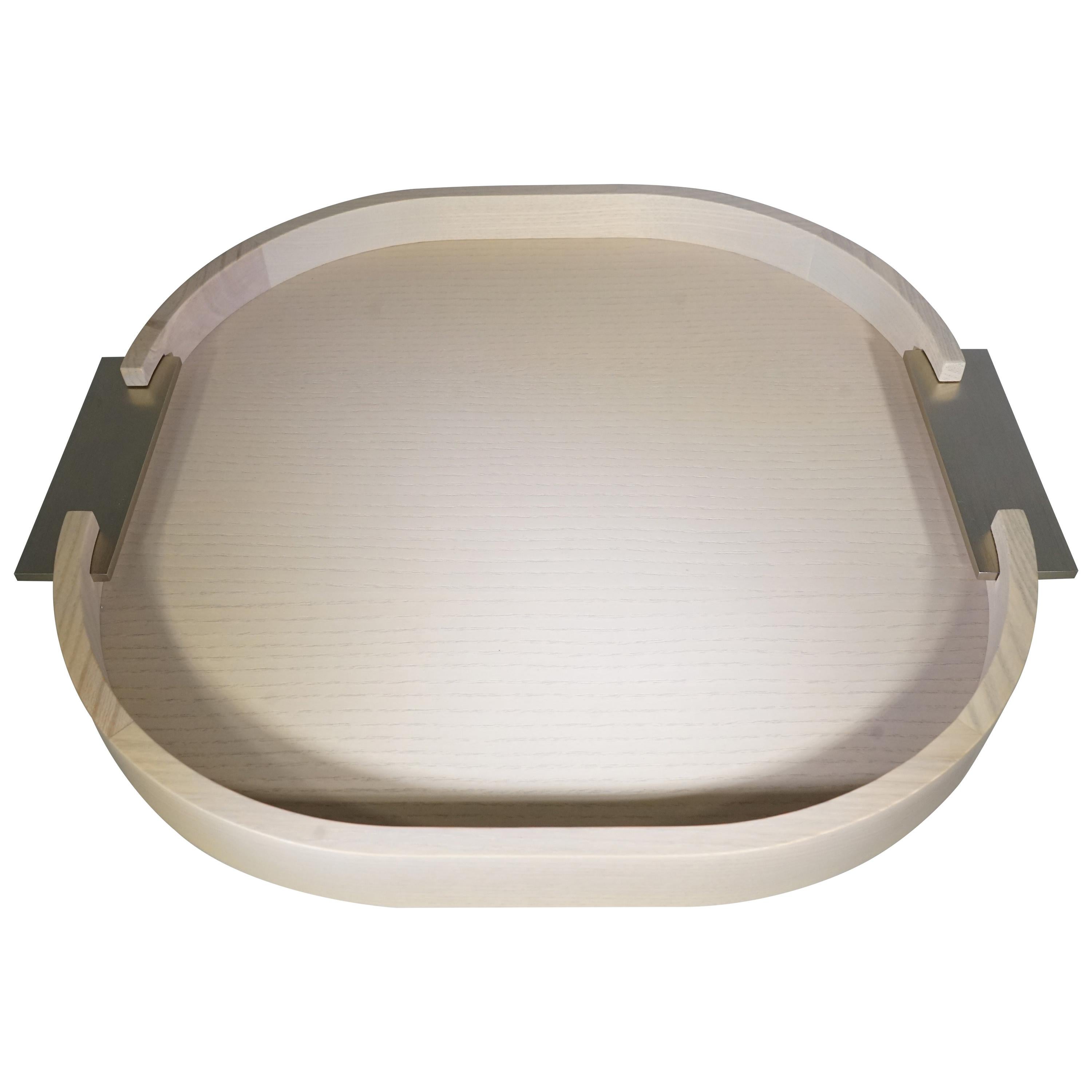 Contemporary Italian Light Wood Small Round Riviere Tray with Metal Handles