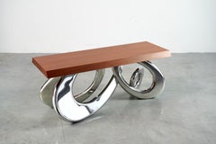 Contemporary Italian Mahogany Bench, Polished Stainless Steel Sculptural Base