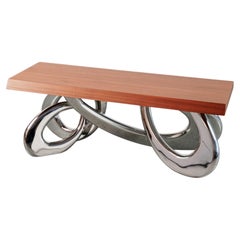 Contemporary Italian Mahogany Bench, Polished Stainless Steel Sculptural Base