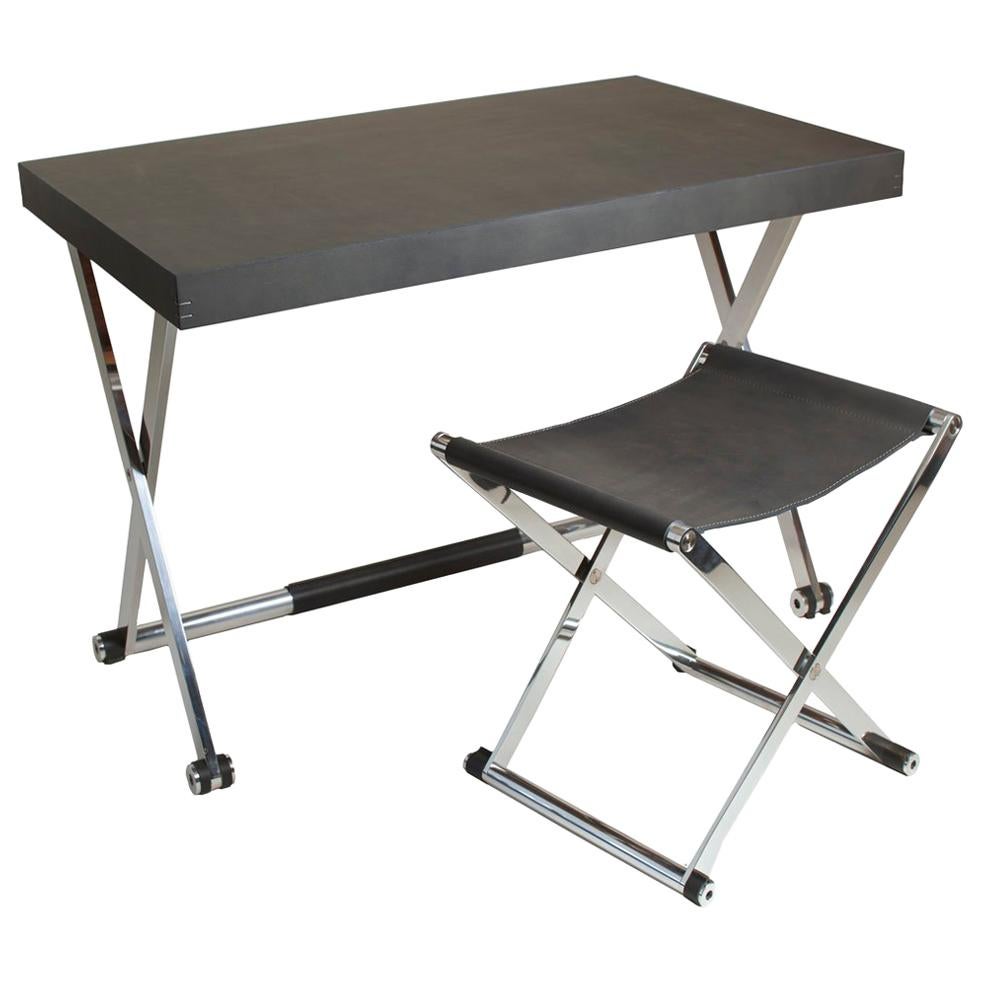 Contemporary Italian Manifesto Leather and Chrome Desk and Stool