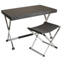 Contemporary Italian Manifesto Leather and Chrome Desk and Stool