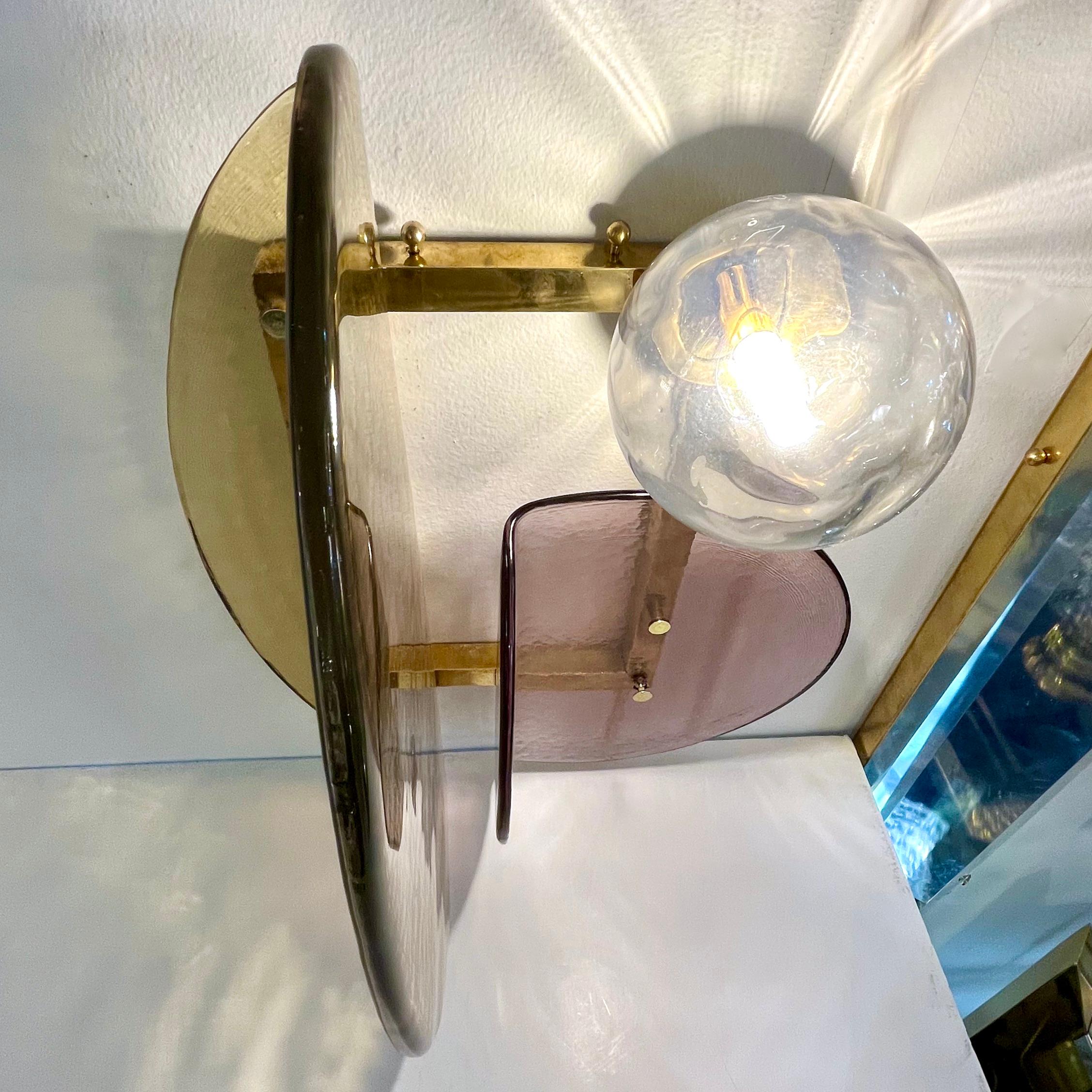 Contemporary Italian Mauve Plum Amber Murano Glass Post-Modern Gold Brass Sconce For Sale 5