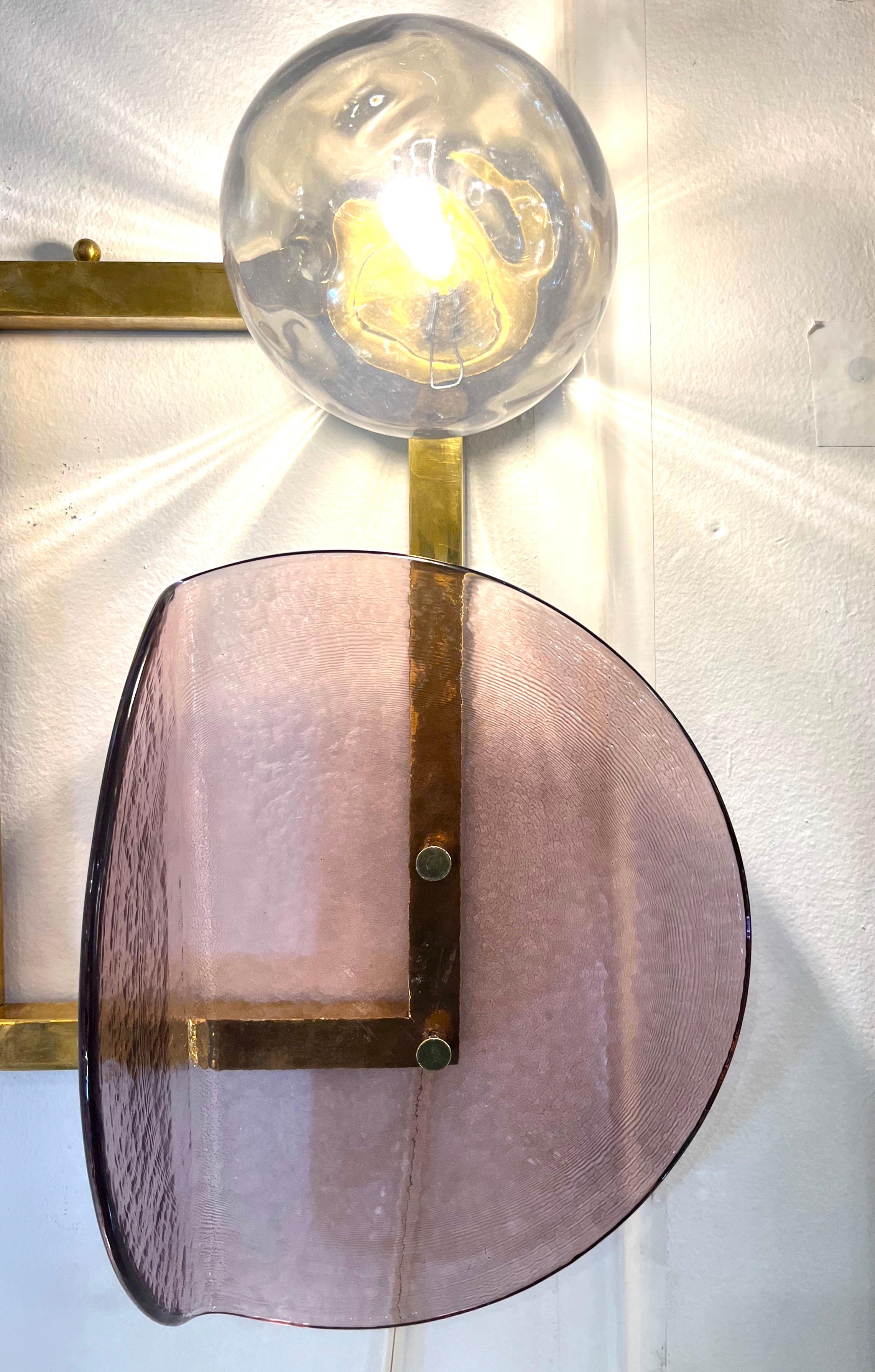 Contemporary Italian Mauve Plum Amber Murano Glass Post-Modern Gold Brass Sconce For Sale 11