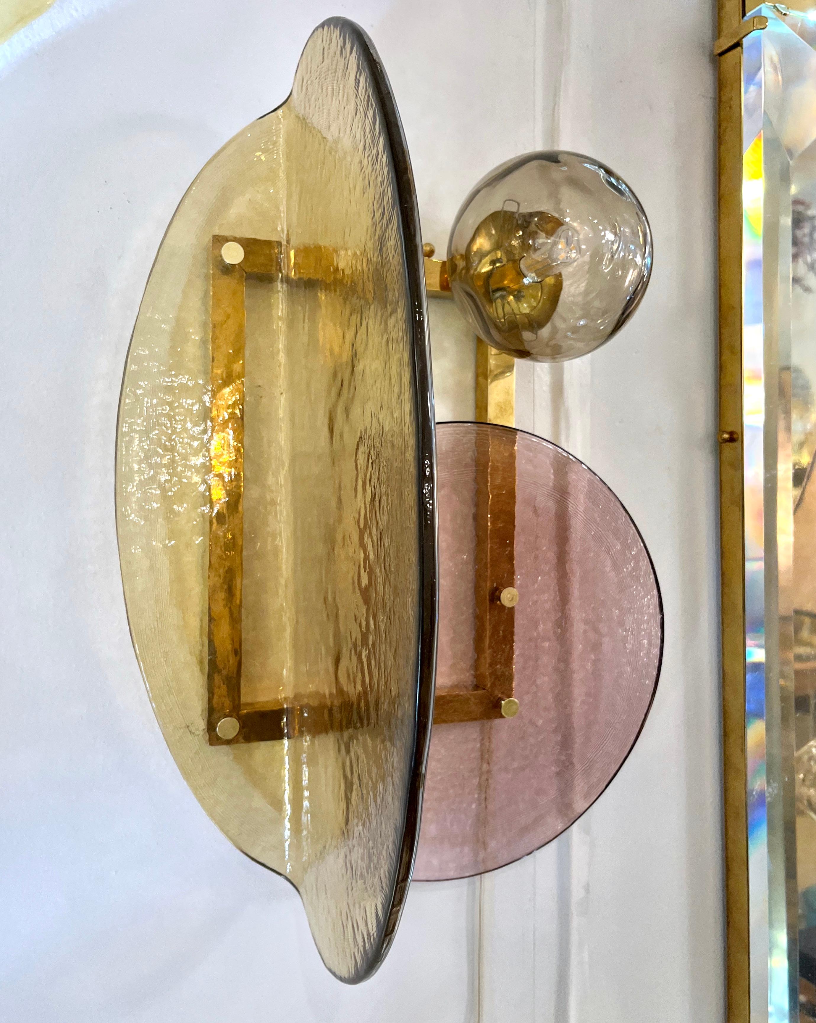 Organic Modern Contemporary Italian Mauve Plum Amber Murano Glass Post-Modern Gold Brass Sconce For Sale