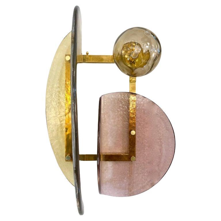 Contemporary Italian Mauve Plum Amber Murano Glass Post-Modern Gold Brass Sconce For Sale