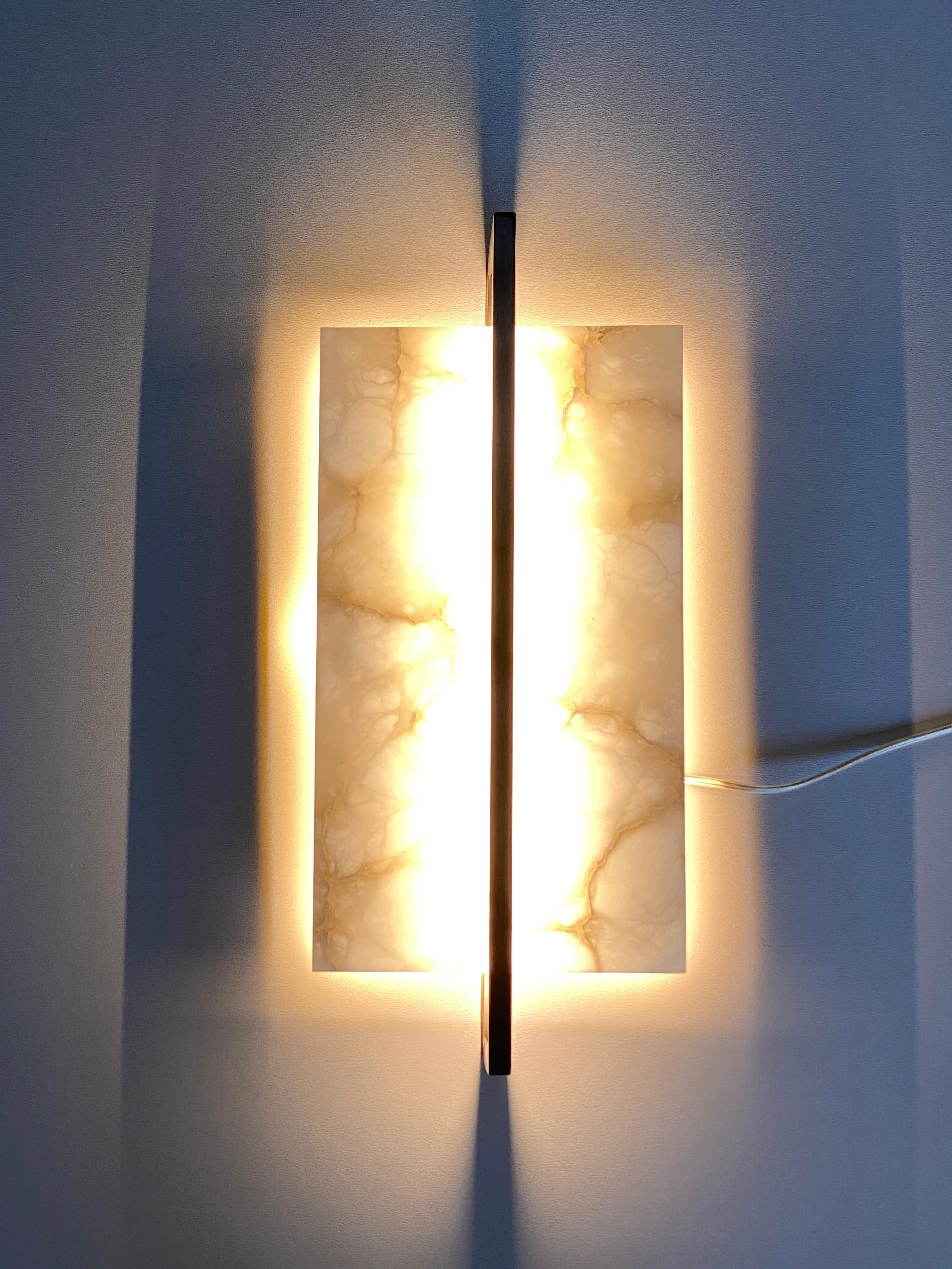 Contemporary Italian Minimalist Alabaster & Bronze Geometric Tile Wall Light 5