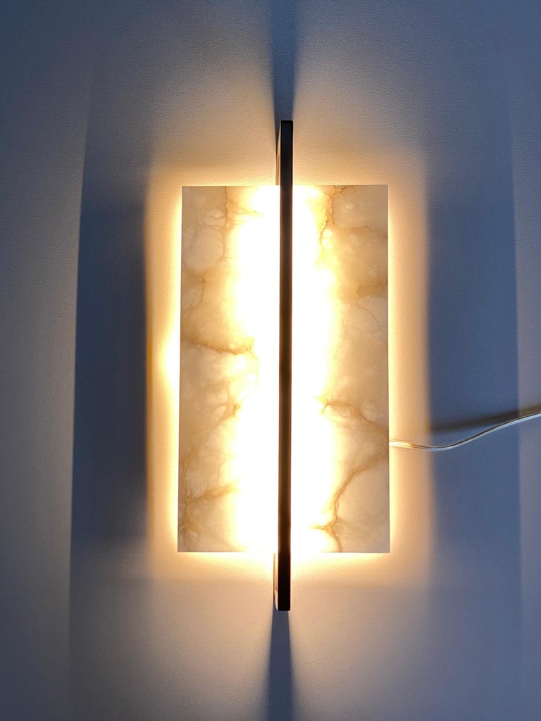 Contemporary Italian Minimalist Alabaster & Bronze Geometric Tile Wall Light For Sale 5